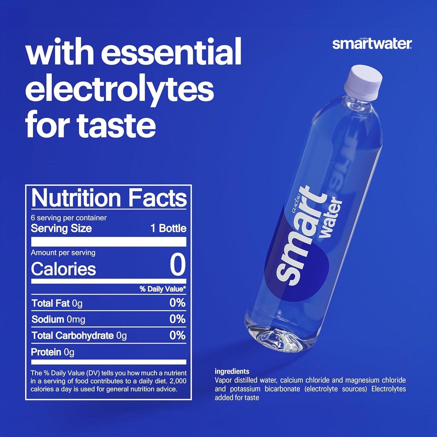 Smartwater Vapor Distilled Premium Water Bottles, 16.9 Fl Oz, 6 Pack