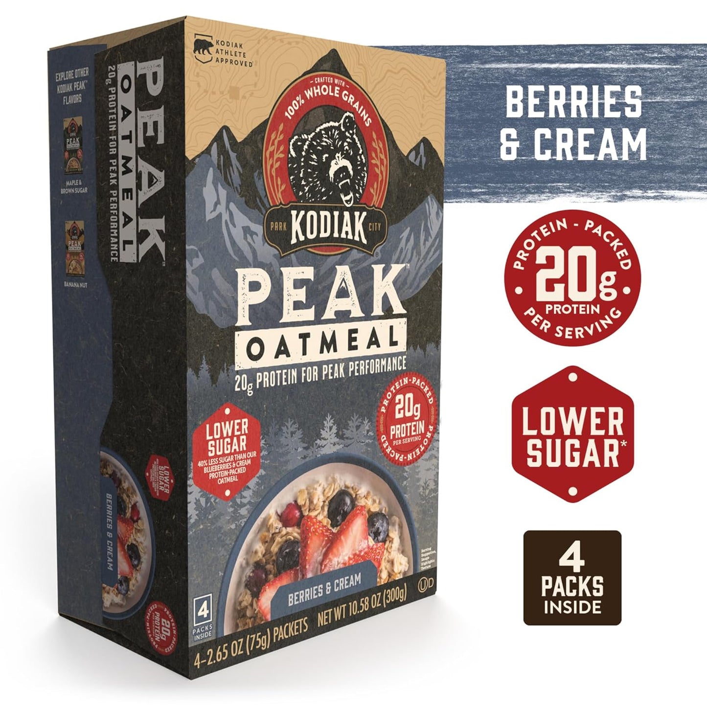 Kodiak Peak Instant Oatmeal Packets, Berries & Cream, High Protein (Total of 24 Packets)