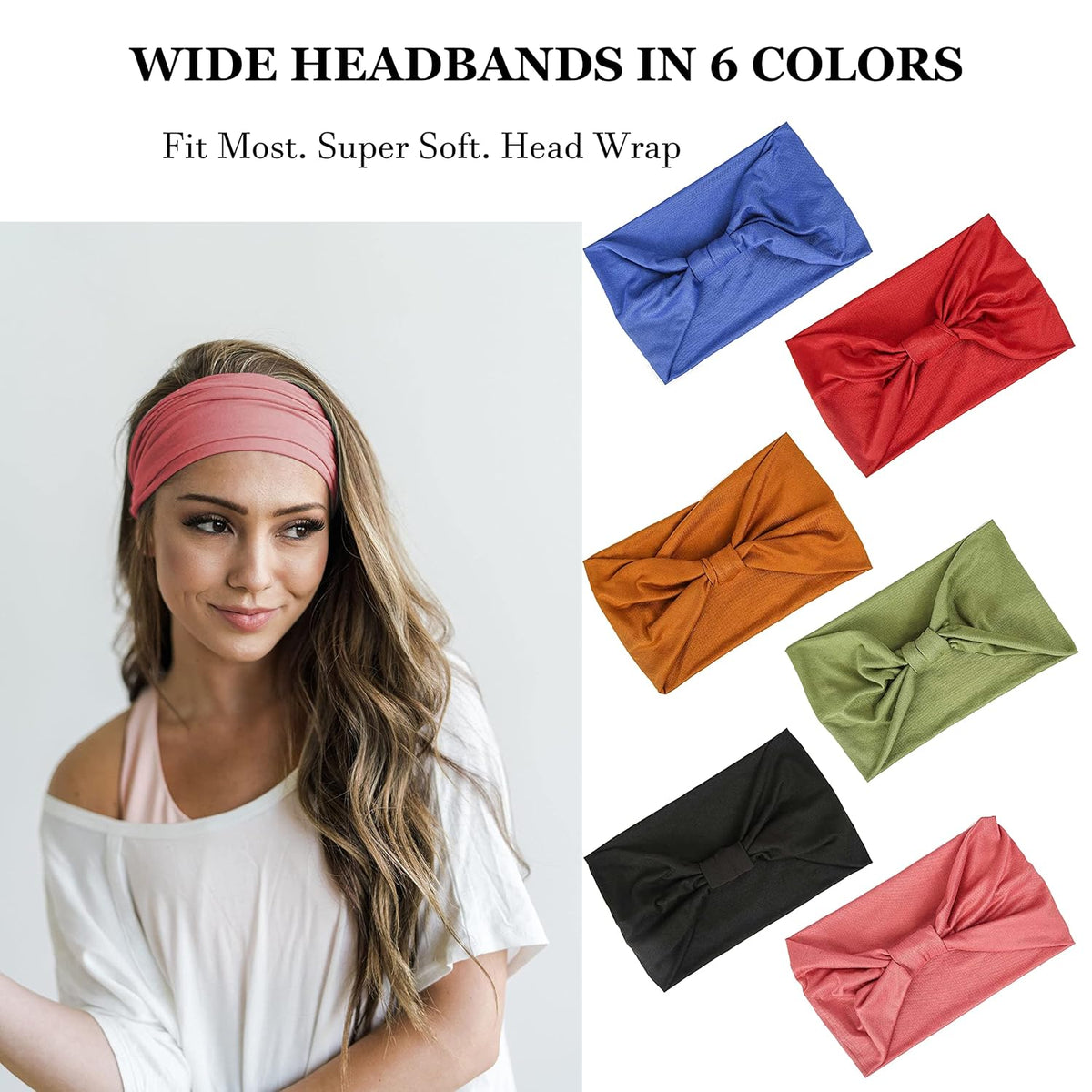 Gili 6 Pack Wide Headbands for Women Non Slip Soft Elastic Hair Bands Yoga Running Sports Workout Gym Head Wraps, Knotted Cotton Cloth African Turbans Bandana (With 6 Pcs Hair Ties)