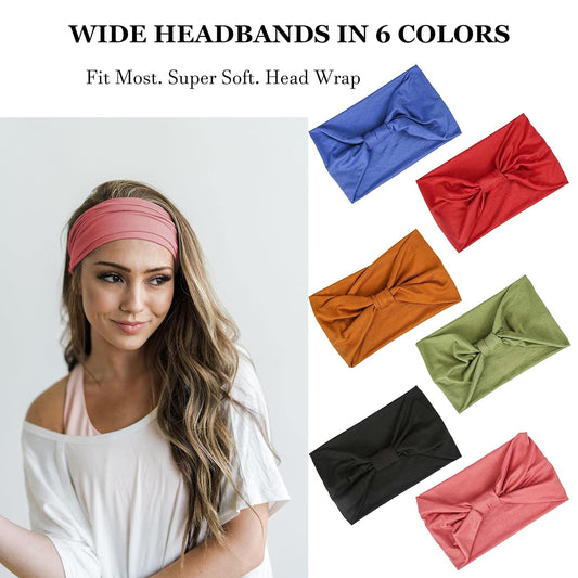 Gili 6 Pack Wide Headbands for Women Non Slip Soft Elastic Hair Bands Yoga Running Sports Workout Gym Head Wraps, Knotted Cotton Cloth African Turbans Bandana (With 6 Pcs Hair Ties)