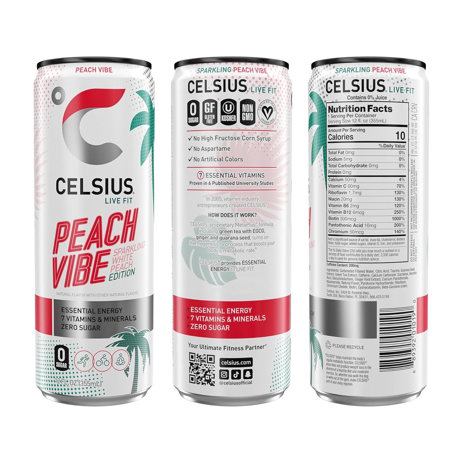 CELSIUS PEACH VIBE Sparkling White Peach Energy Drink, 12 Fl oz (Pack of 12)