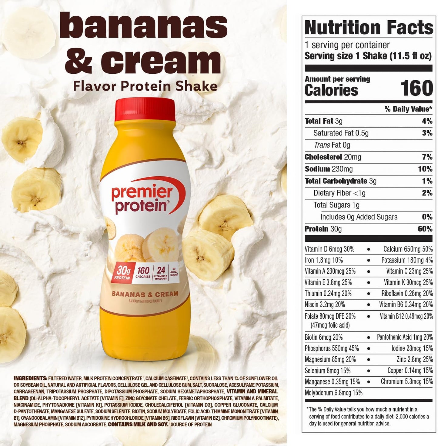 Premier Protein Shake, Bananas & Cream, 30G Protein, 11.5 Fl oz, 12 Pack