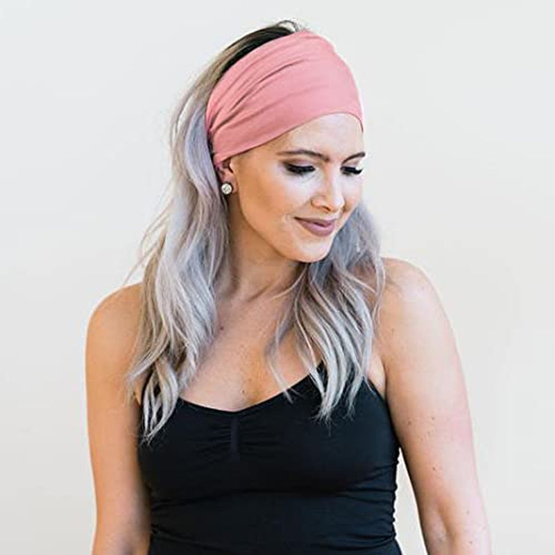 Gili 2 Pack Wide Headbands for Women Boho African Knotted Non Slip Fashion Hair Bands Yoga Running Sports Workout Gym Head Wraps Elastic Soft Cotton Cloth Turbans Bandana for Girls(Green, Pink)