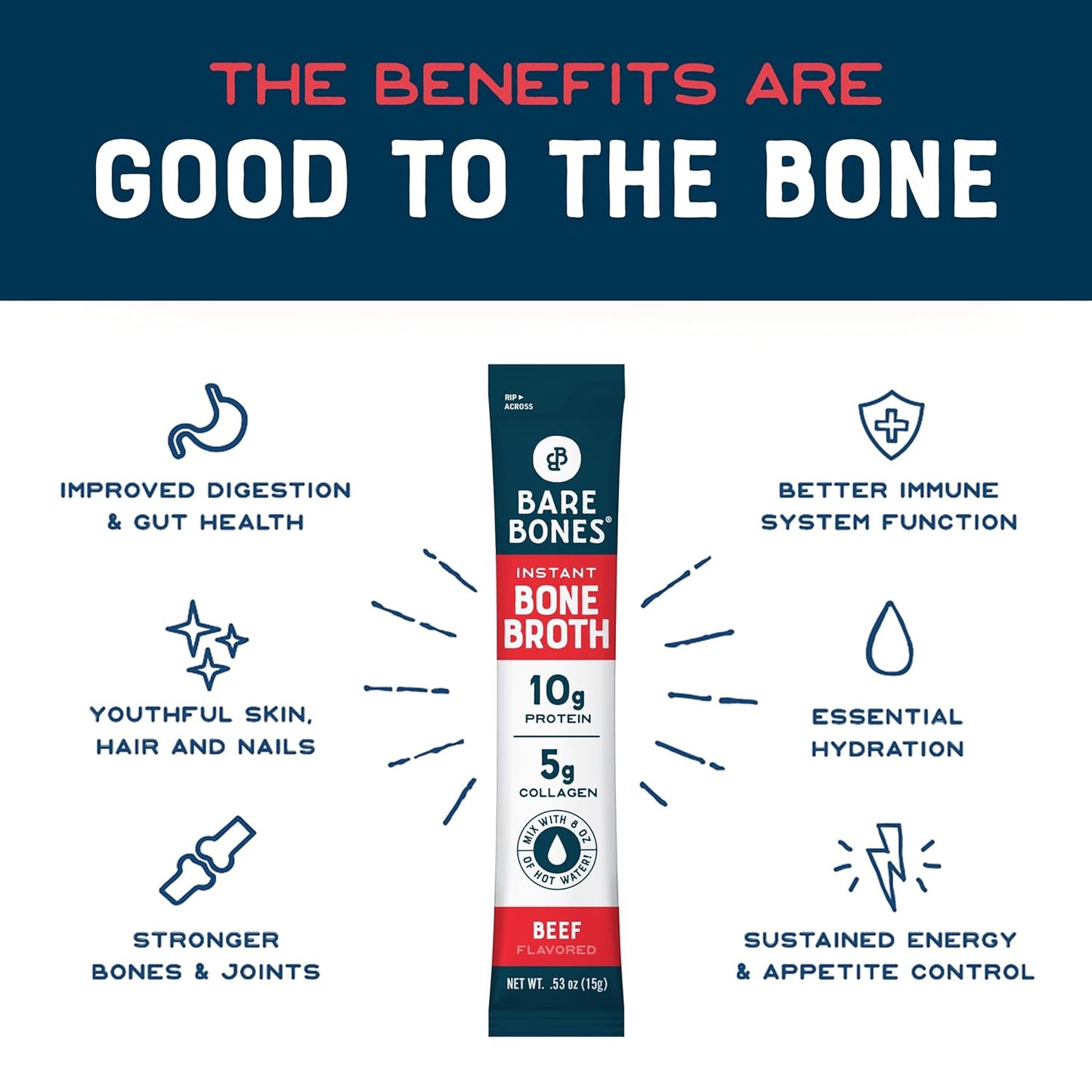 Beef Bone Broth Instant Powdered Mix Packets | 5G Collagen | 10G Protein | Keto & Paleo Friendly
