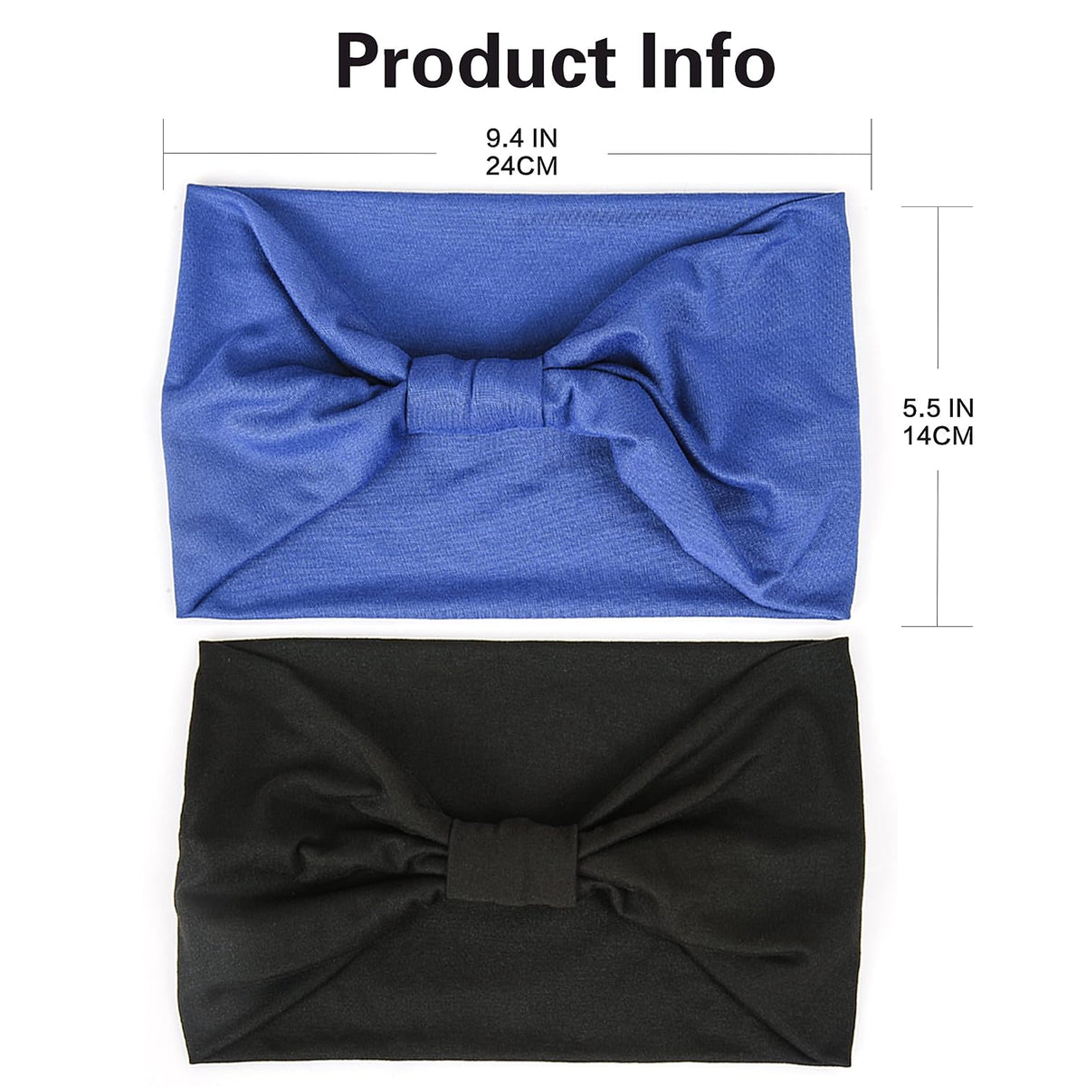 Gili 2 Pack Wide Headbands for Women Boho African Knotted Non Slip Fashion Hair Bands Yoga Running Sports Workout Gym Head Wraps Elastic Soft Cotton Cloth Turbans Bandana for Girls(Black, Blue)