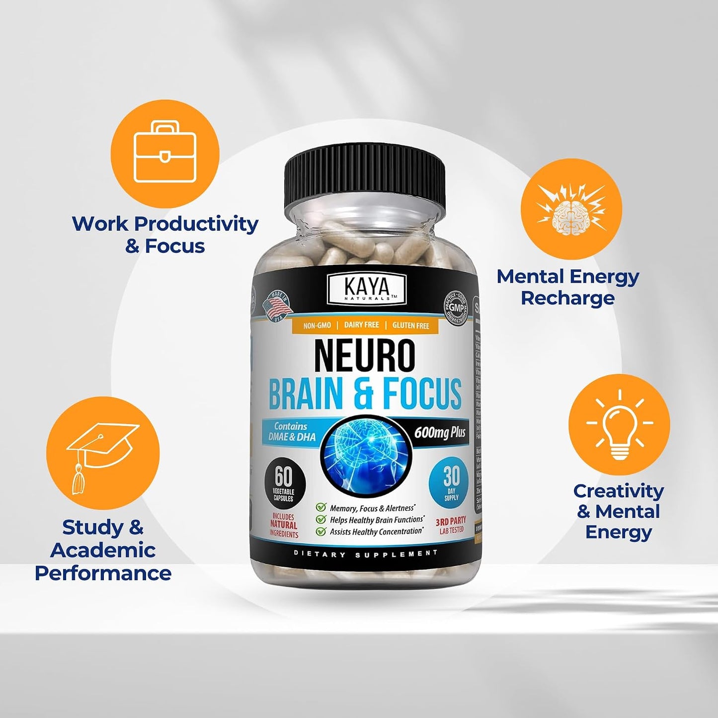 Kaya Naturals - Neuro Brain for Memory & Focus - Nootropic Brain Support Supplement - 60 Count