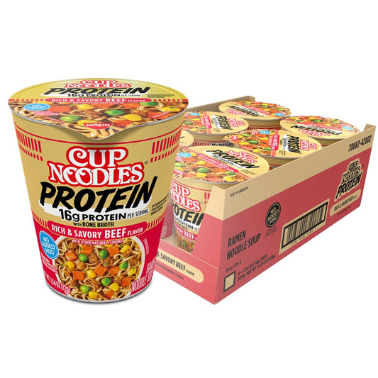 Nissin Cup Noodles Protein Ramen, Beef Flavor with Bone Broth, 16G Protein (Pack of 6)