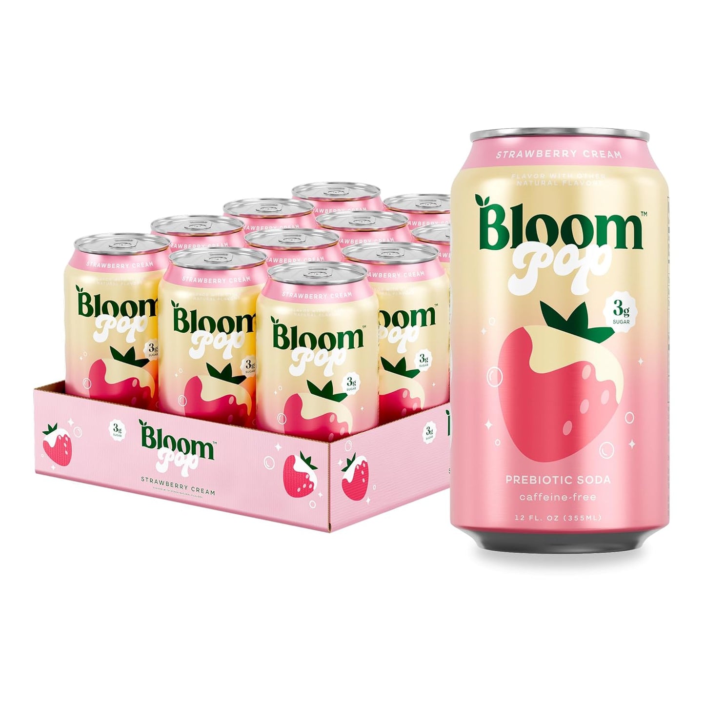 Bloom Pop Prebiotic Soda 12 Pack, Strawberry Cream Flavor, 12Oz Cans