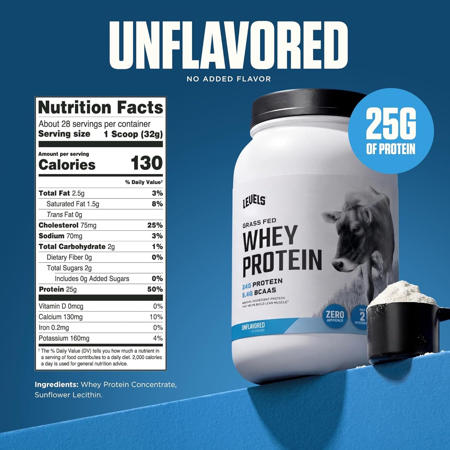 Levels Grass Fed Whey Protein Powder, No Artificials, 24G of Protein, 2LB