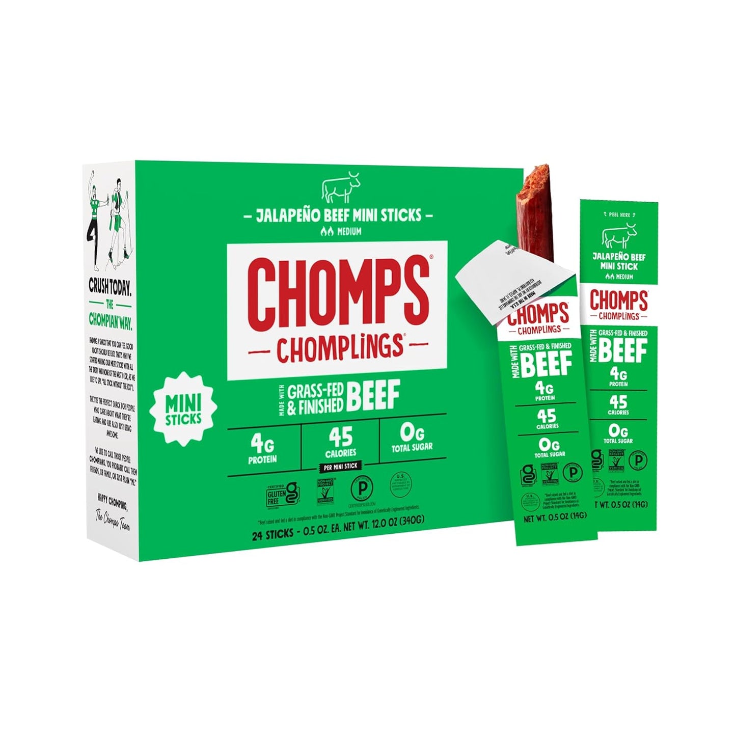 Chomps Snack Size Grass-Fed and Finished Jalapeño Beef Jerky Snack Sticks 0.5oz 24-Pack