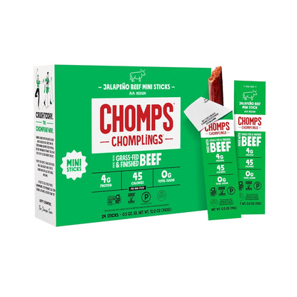 Chomps Snack Size Grass-Fed and Finished Jalapeño Beef Jerky Snack Sticks 0.5oz 24-Pack