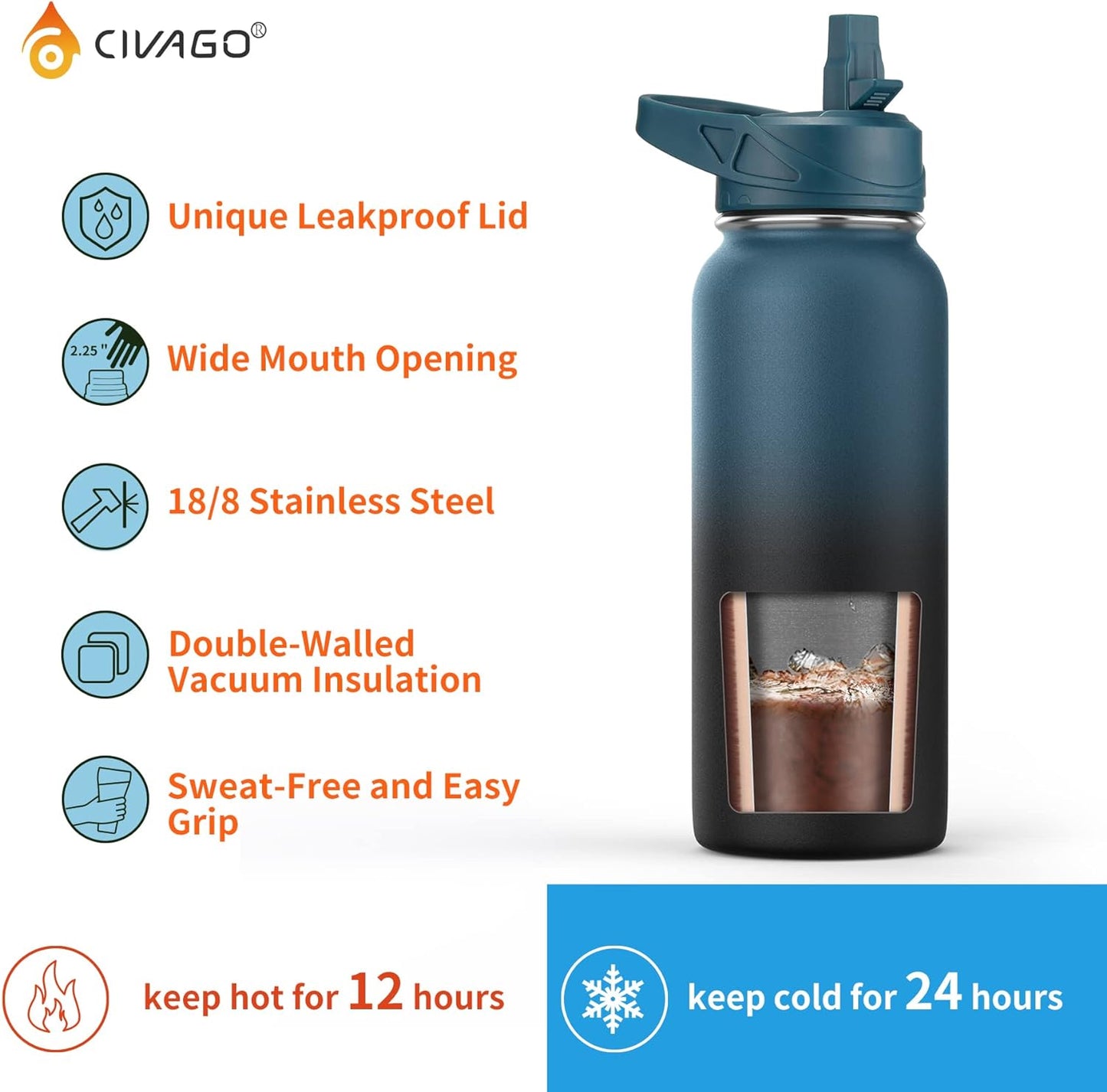 CIVAGO 32 Oz Insulated Water Bottle with Straw