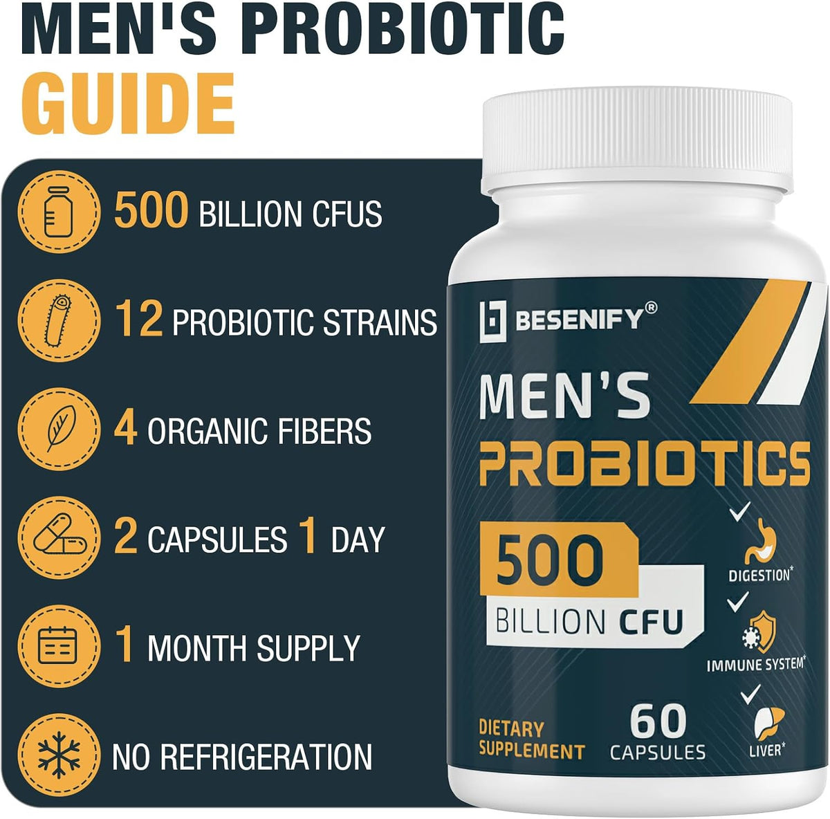 Probiotics for Men, 500 Billion Cfus & 12 Strains, Mens Probiotic, 60 Cap