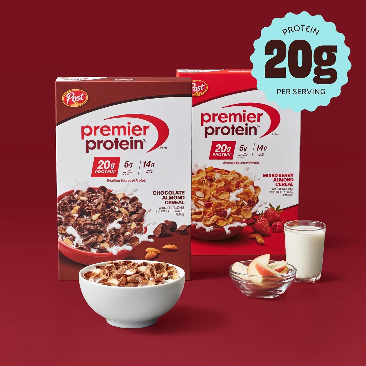 Post Premier Protein Chocolate Almond Cereal, Chocolatey Protein Cereal Flakes with Sliced Almonds