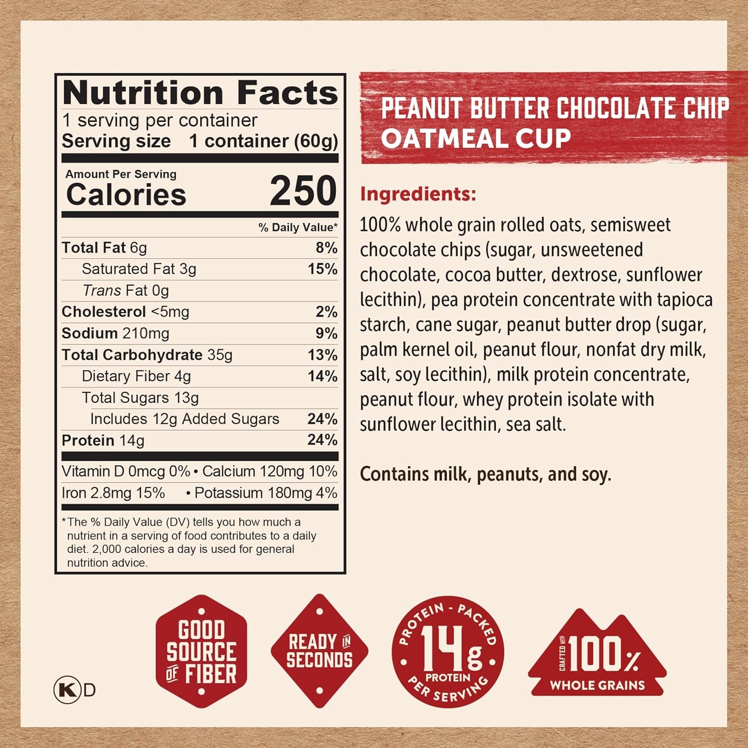 Kodiak Cakes Instant Oatmeal Cups, Peanut Butter Chocolate Chip (12 Cups)