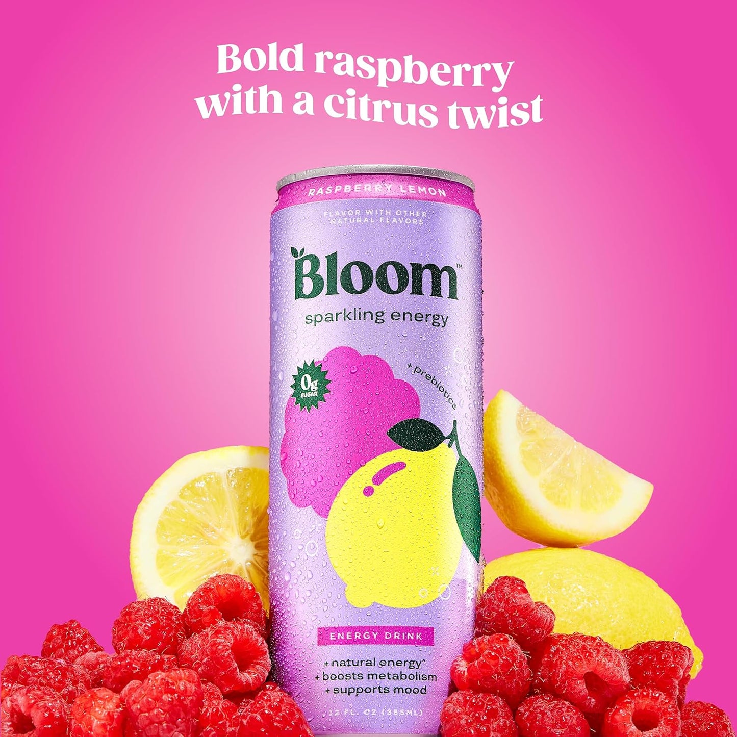 Bloom Nutrition Sparkling Energy Drink for Focus - Natural Caffeine, Zero Sugar, 180Mg Caffeine - Raspberry Lemon - 12oz 12 Pack