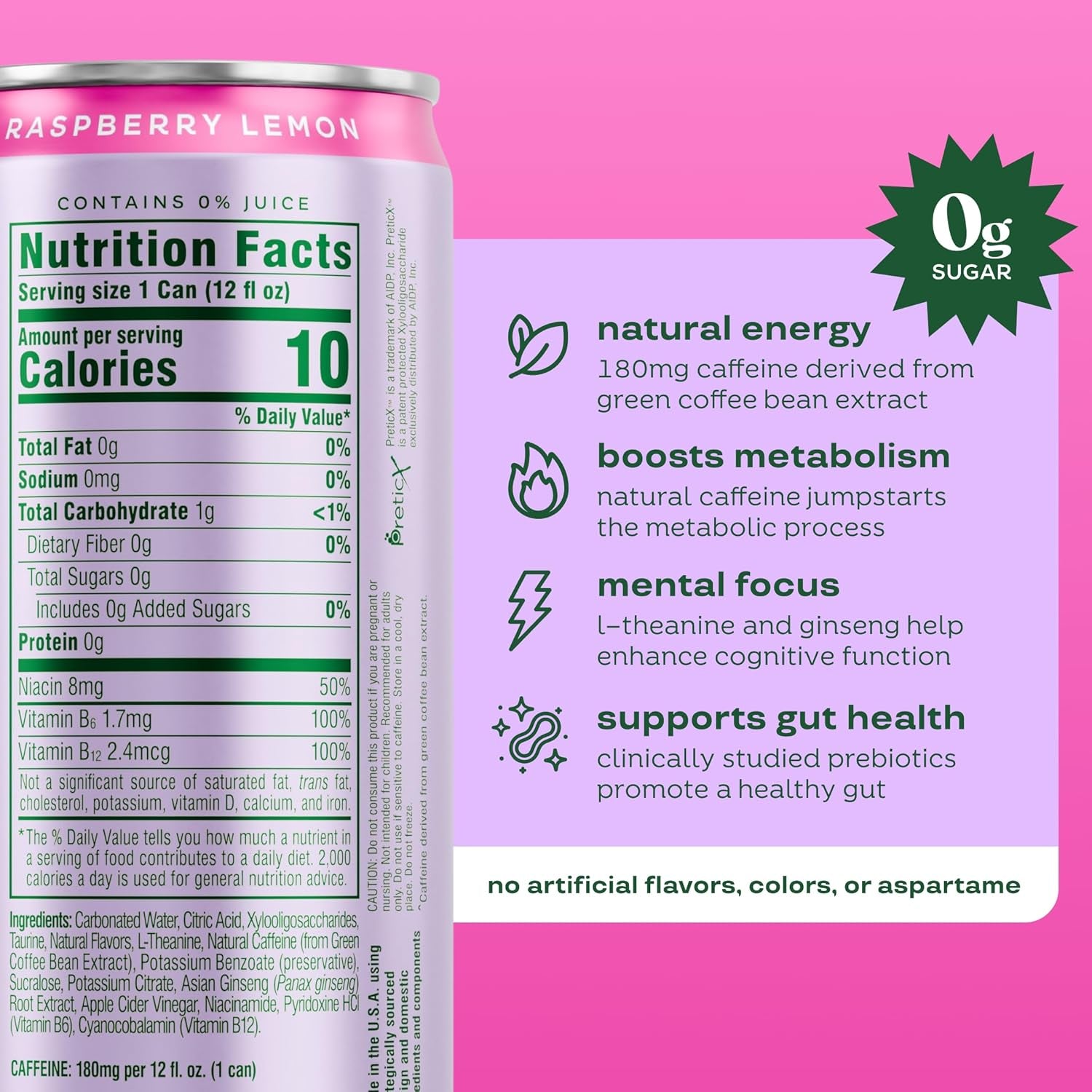 Bloom Nutrition Sparkling Energy Drink for Focus - Natural Caffeine, Zero Sugar, 180Mg Caffeine - Raspberry Lemon - 12oz 12 Pack