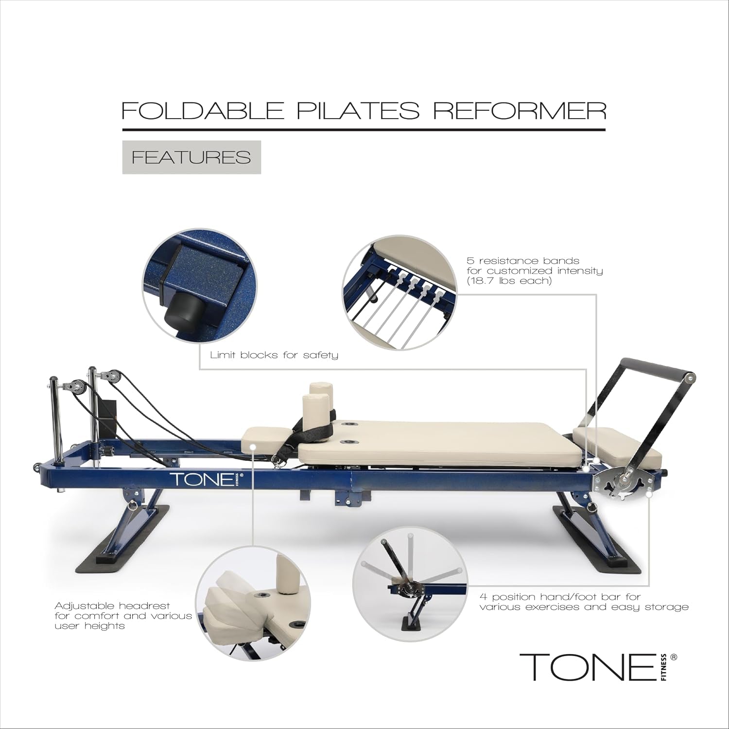 Tone Fitness Foldable Pilates Reformer – Portable Pilates Machine with Adjustable Resistance Bands