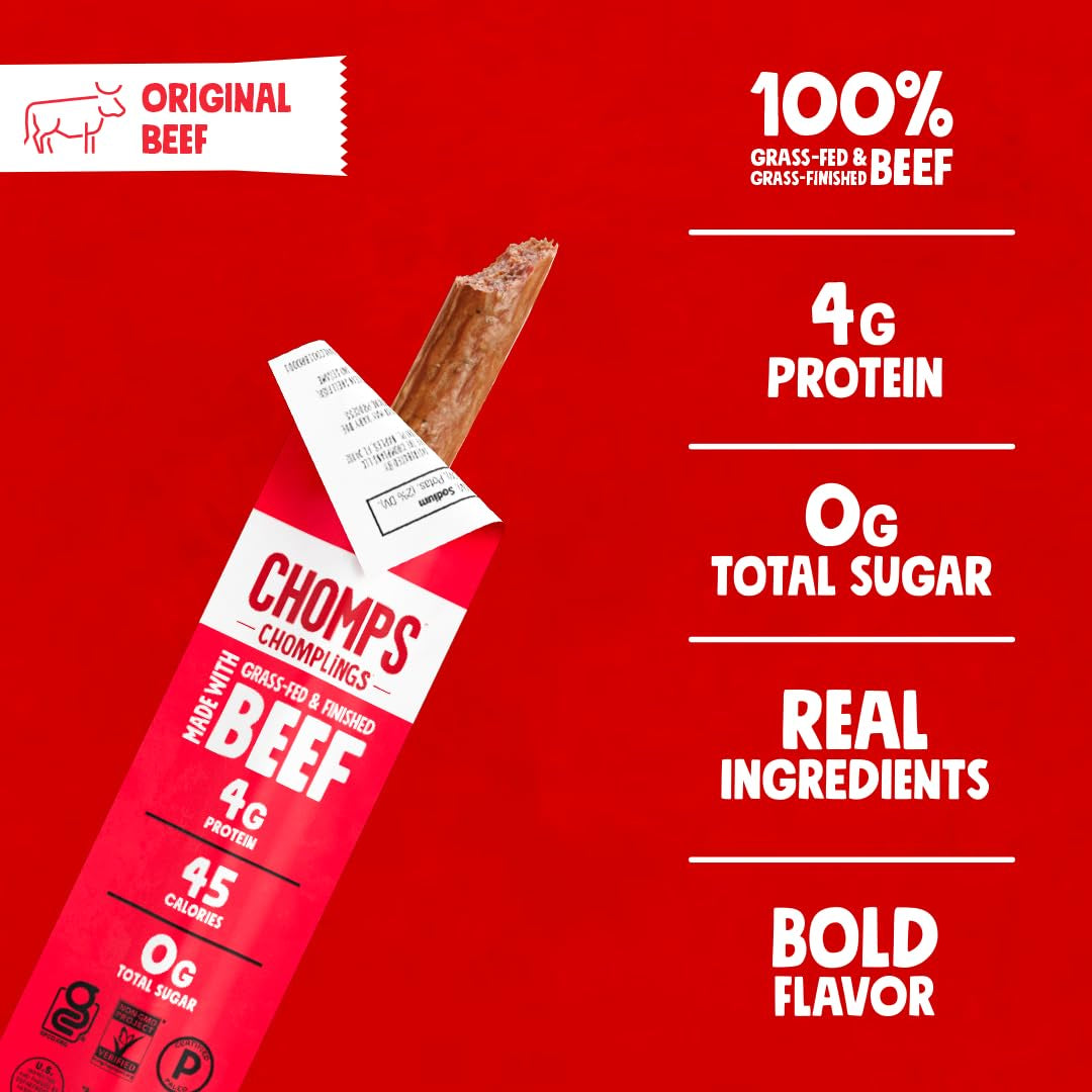 Chomps Snack Size Grass-Fed Original Beef Jerky Meat Sticks 0.5oz 24-Pack