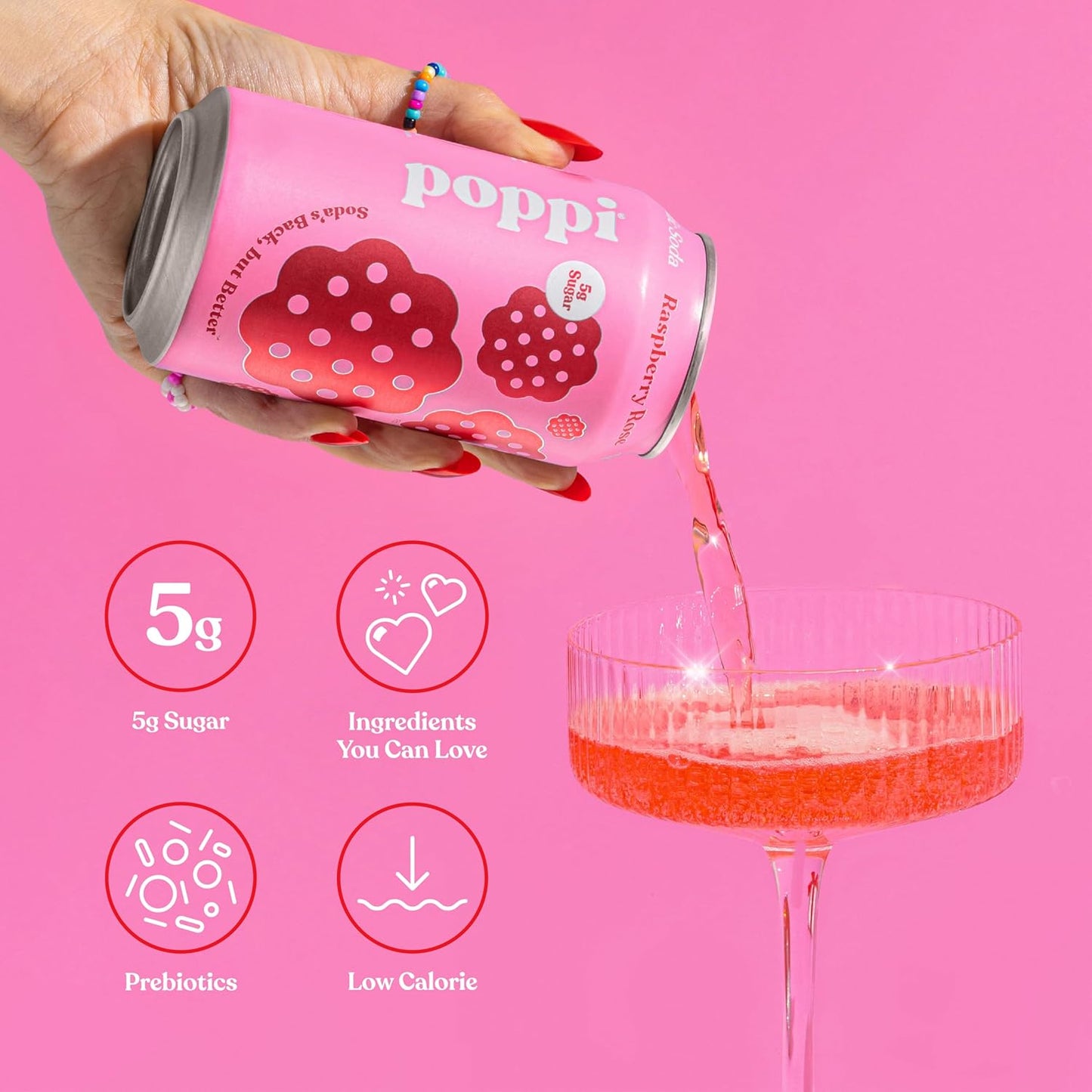 Poppi Sparkling Prebiotic Soda Beverage, Raspberry Rose, 12 oz, 12 Pack