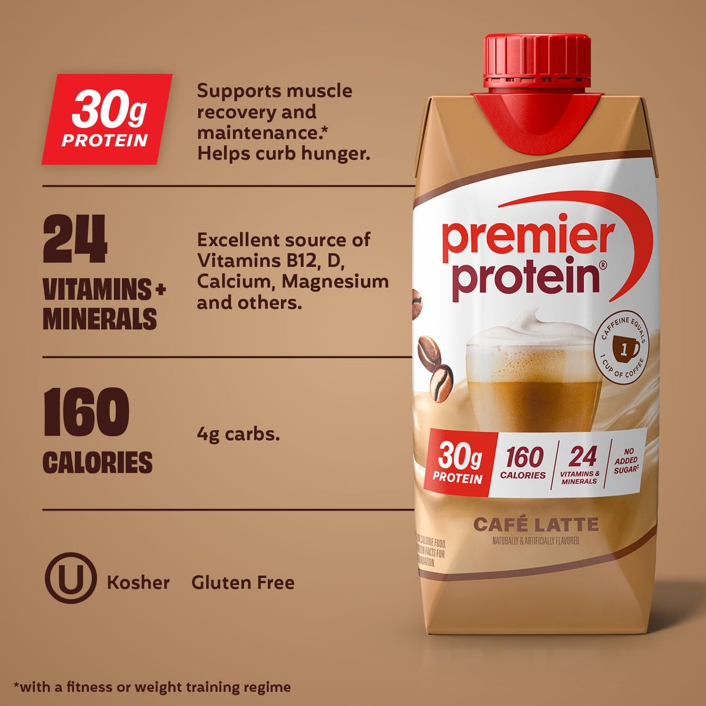 Premier Protein Shake, Café Latte with Caffeine for Energy, 30G Protein, 12 Pack