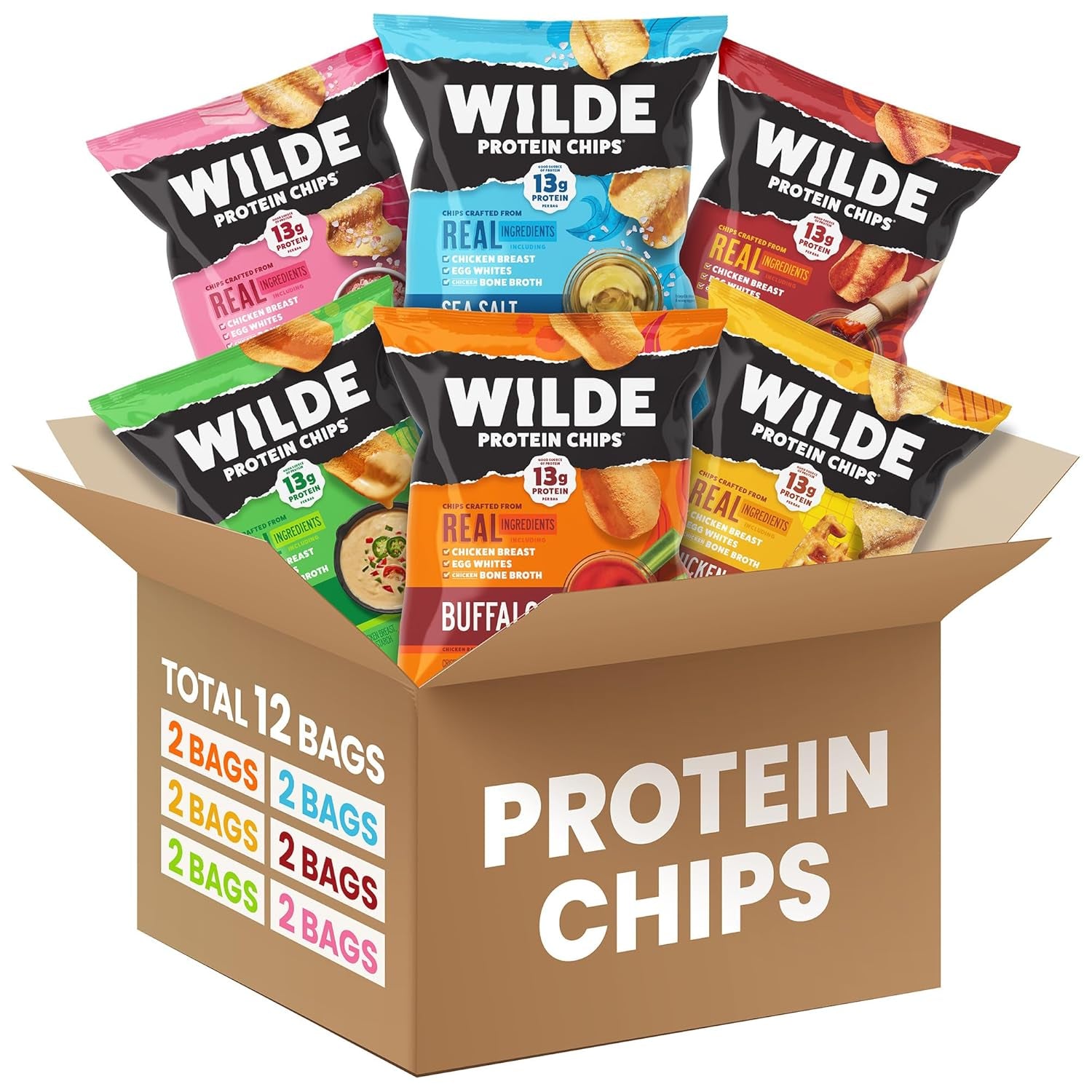 WILDE Protein Chips Variety Pack, High Protein Snacks, Pack of 12