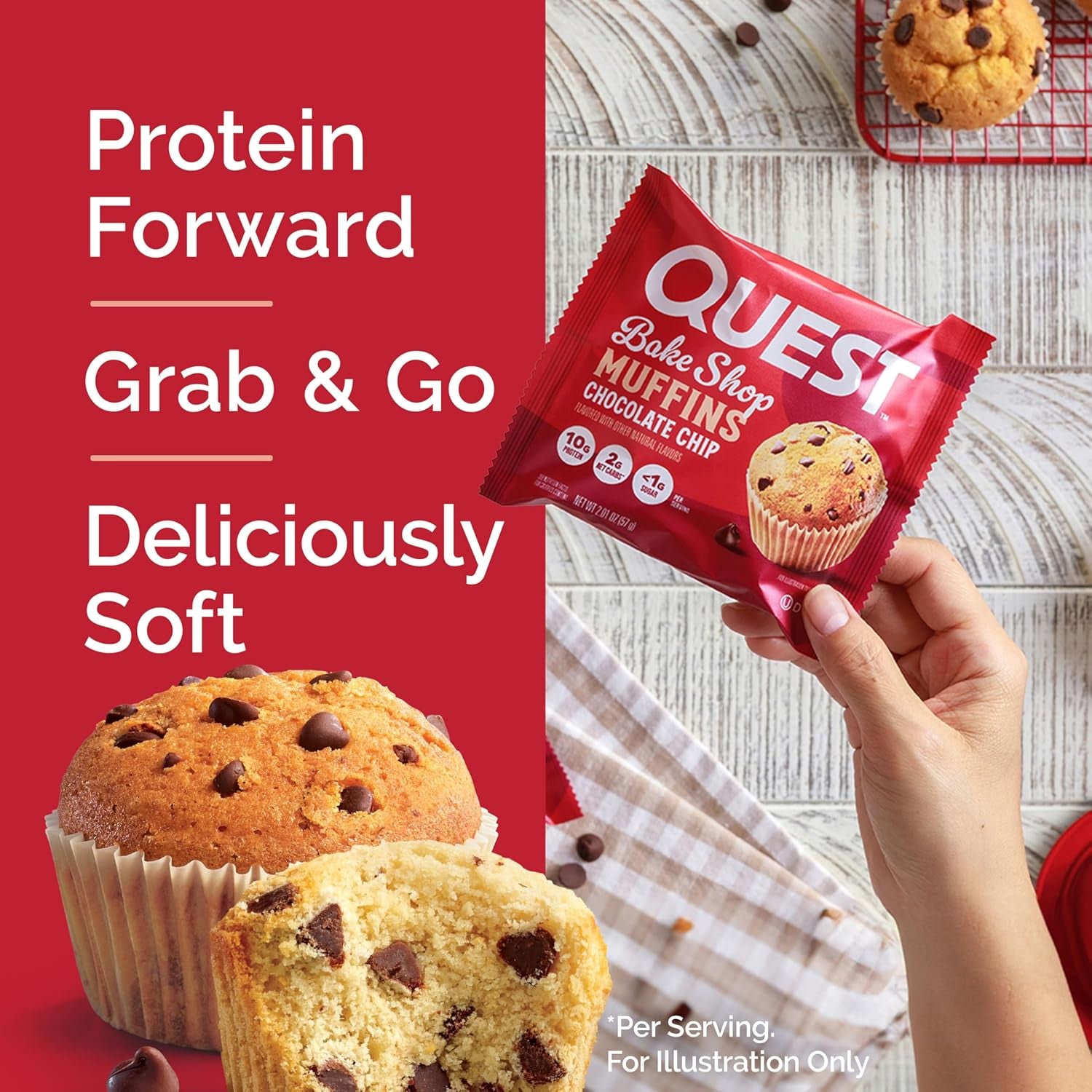Quest Nutrition Chocolate Chip Muffin, 10G Protein, 2G Net Carb, Less than 1G Sugar, Protein Snack, 4 Count