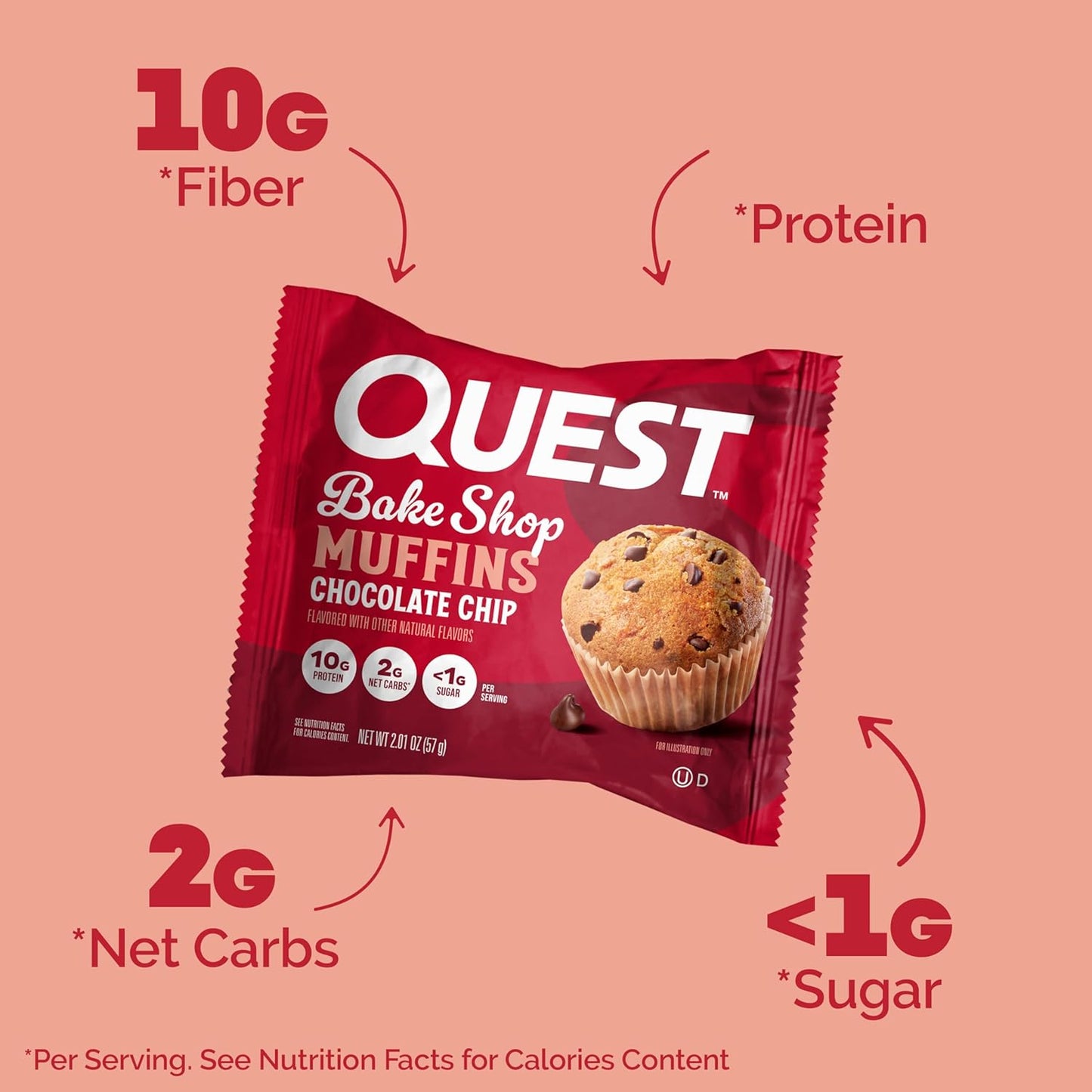 Quest Nutrition Chocolate Chip Muffin, 10G Protein, 2G Net Carb, Less than 1G Sugar, Protein Snack, 4 Count