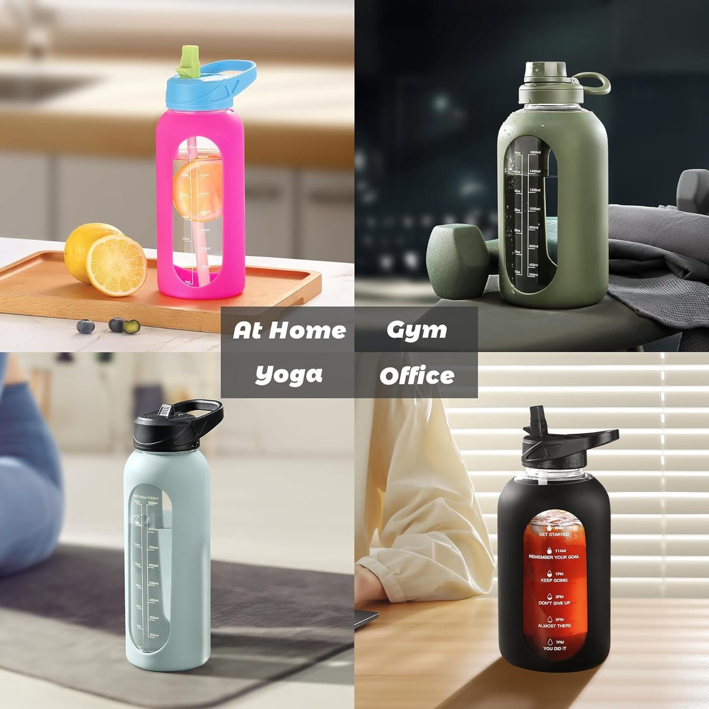 64 Oz Glass Water Bottle Jug with Straw and Handle, Half Gallon Sports Motivational Water Bottle with Time Marker, Wide Mouth Flask Canteen with Silicone Sleeve for Gym, Black