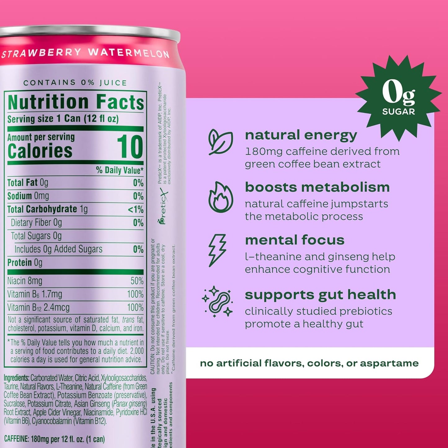 Bloom Nutrition Sparkling Energy Drink - Natural Caffeine, Zero Sugar, 180Mg Caffeine - Strawberry Watermelon - 12oz 12 Pack
