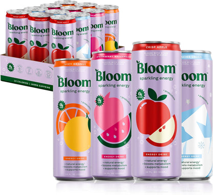 Bloom Nutrition Sparkling Energy Drink - Apple Crisp / Glacier Crush Variety Pack - 12oz 12 Pack