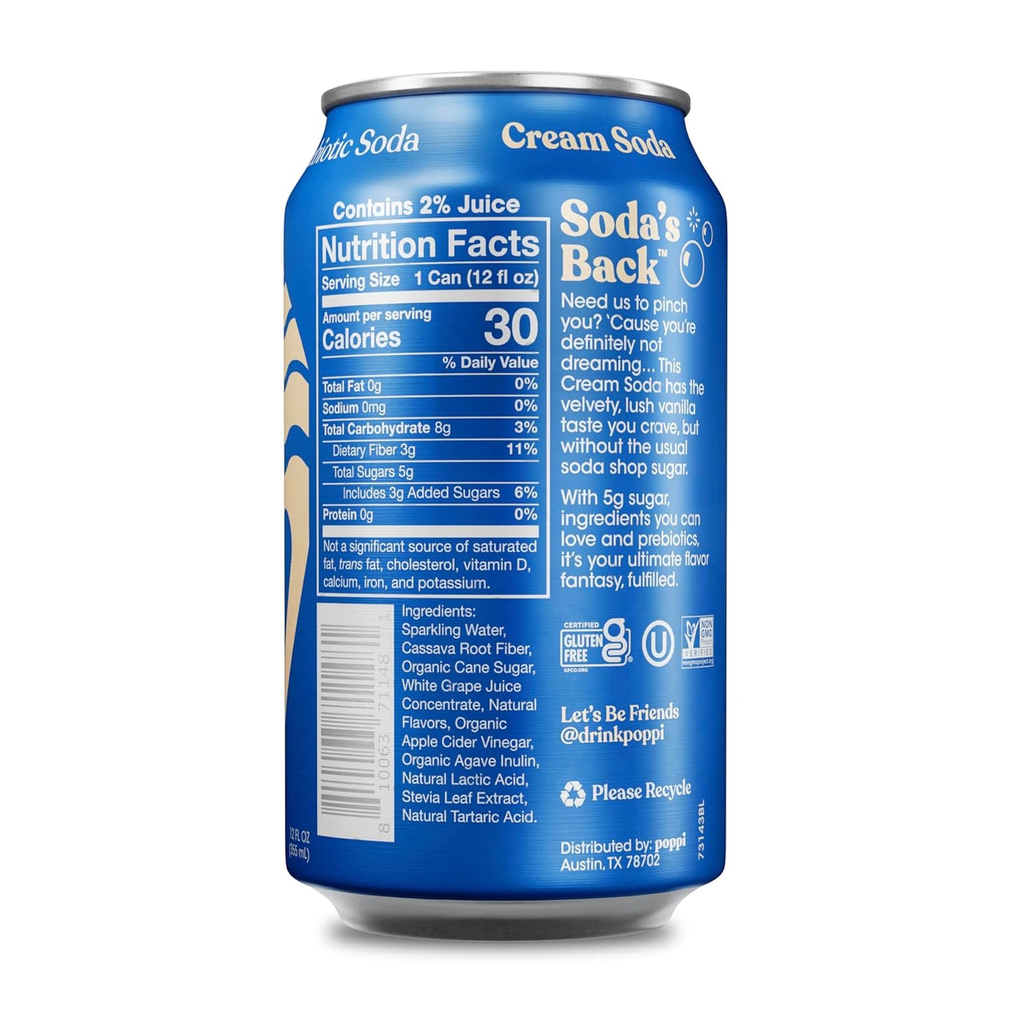 Poppi Prebiotic Soda, Sparkling Water & Fruit Juice, Cream Soda, 12 oz, 12 Pack