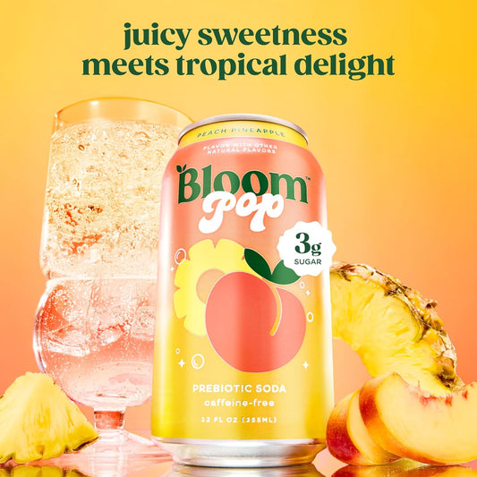 Bloom Pop Prebiotic Soda 12 Pack, Peach Pineapple, 12Oz Cans
