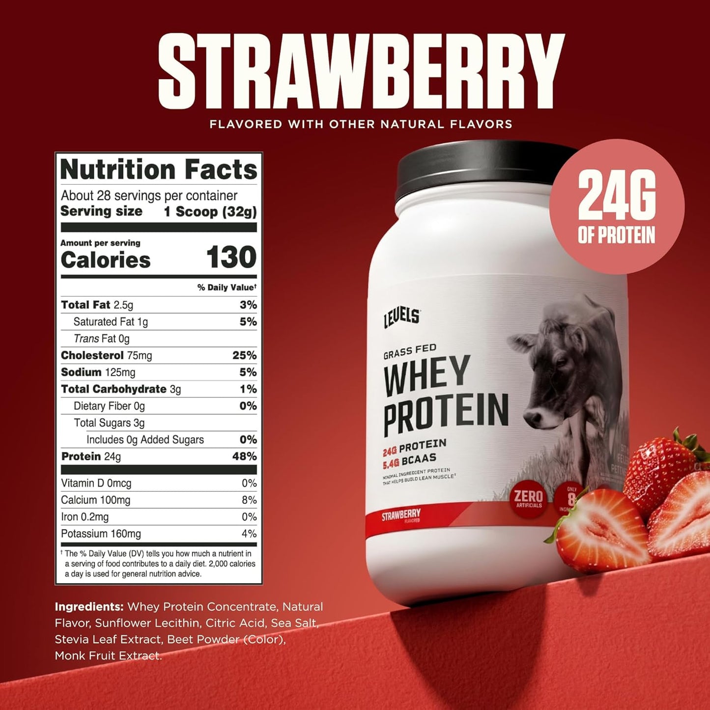Levels Grass Fed Whey Protein Powder, No Artificials, 24G of Protein, 2LB