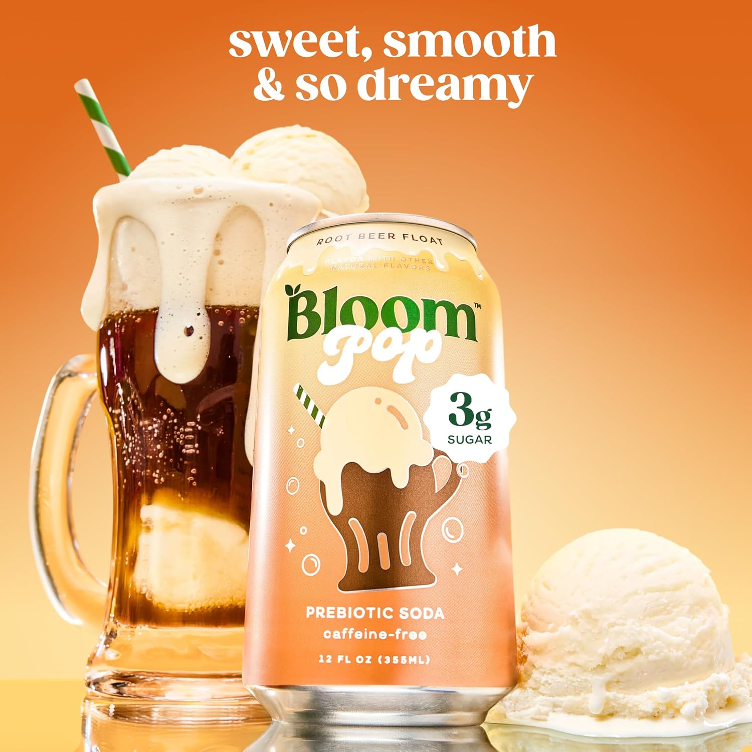 Bloom Pop Prebiotic Soda 12 Pack, Rootbeer Float Flavor, 12Oz Cans