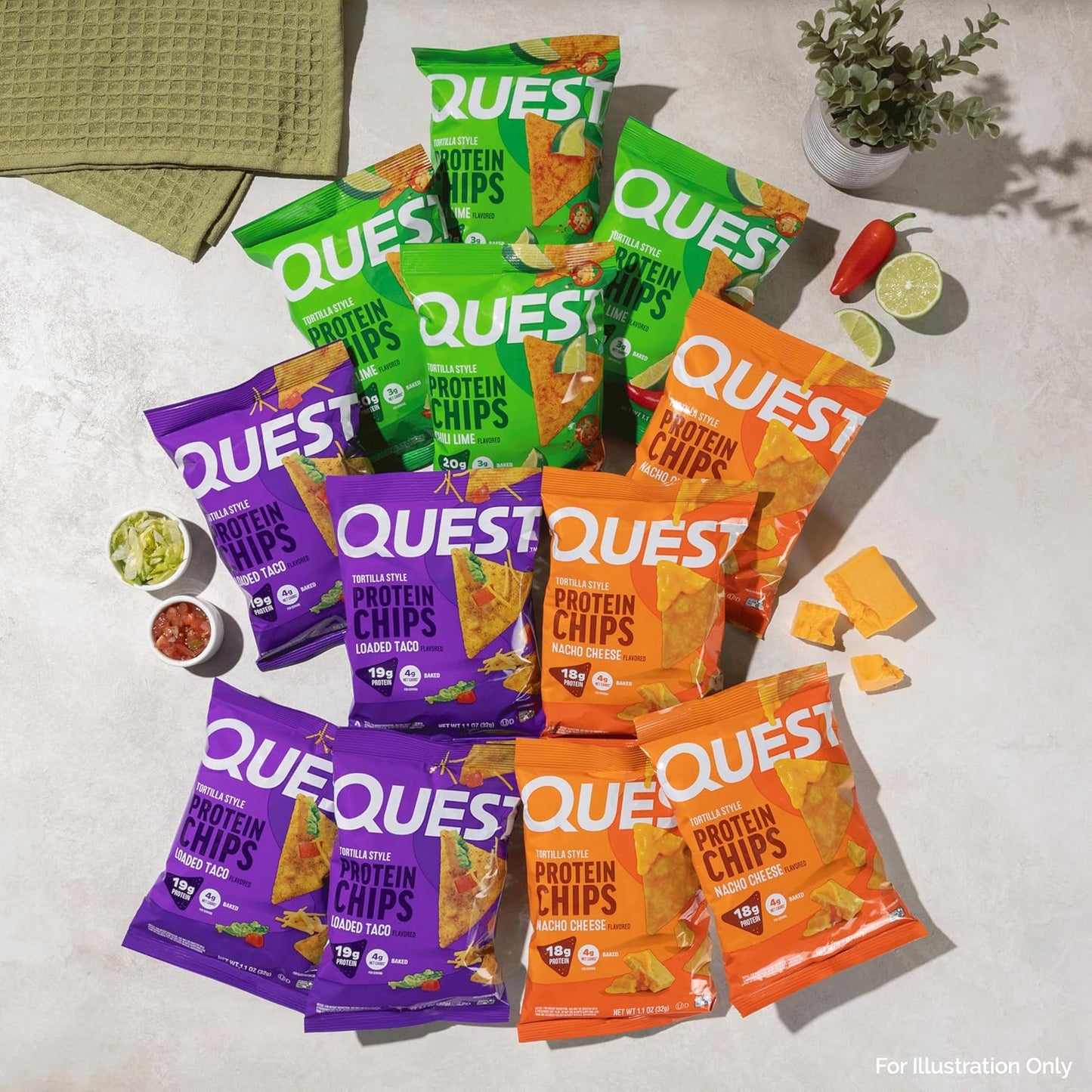 Nutrition Tortilla Style Protein Chips Variety Pack, Chili Lime, Nacho Cheese, Loaded Taco (Pack of 12)
