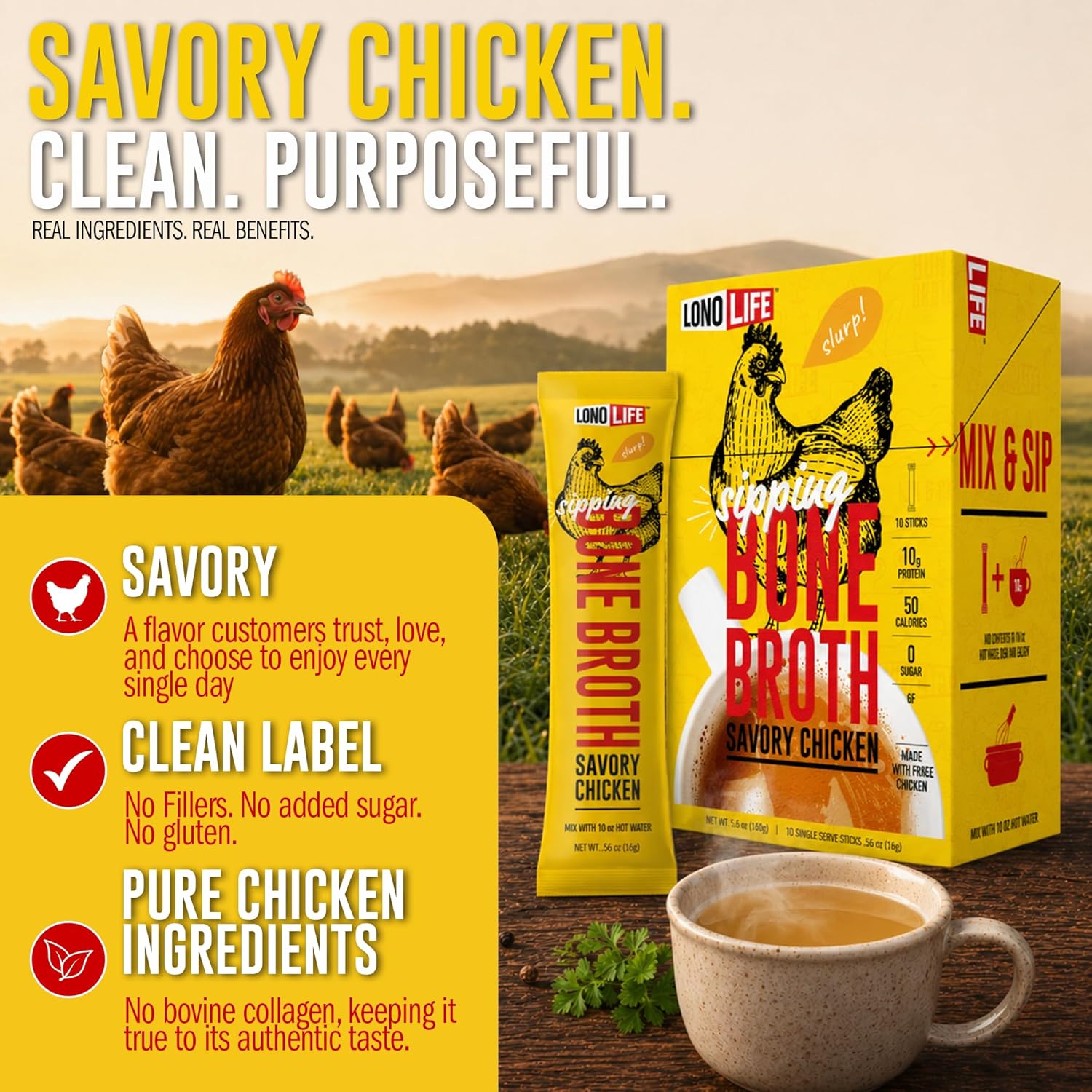 LonoLife Chicken Bone Broth Powder Mix | 10 Portable Stick Pack Servings