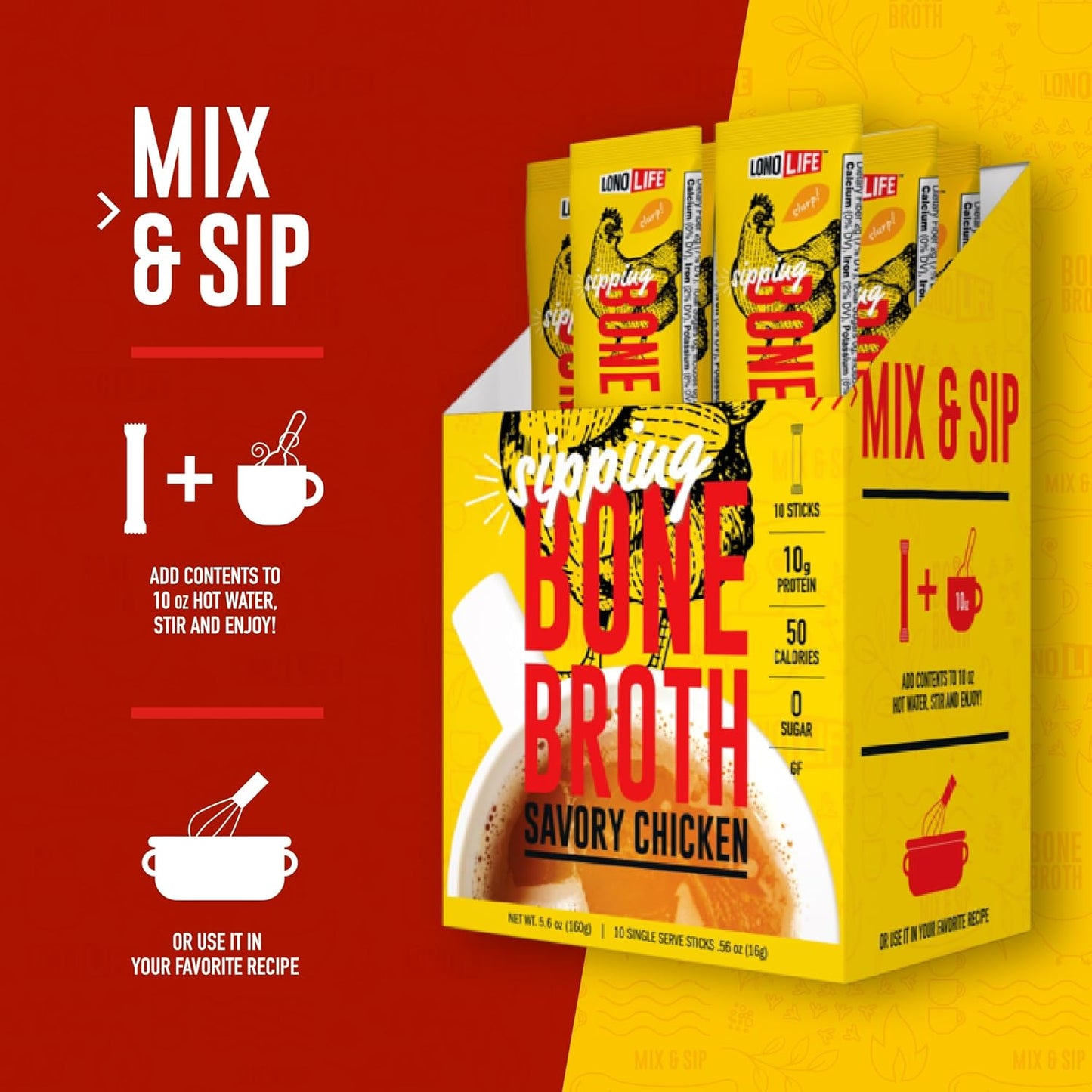LonoLife Chicken Bone Broth Powder Mix | 10 Portable Stick Pack Servings