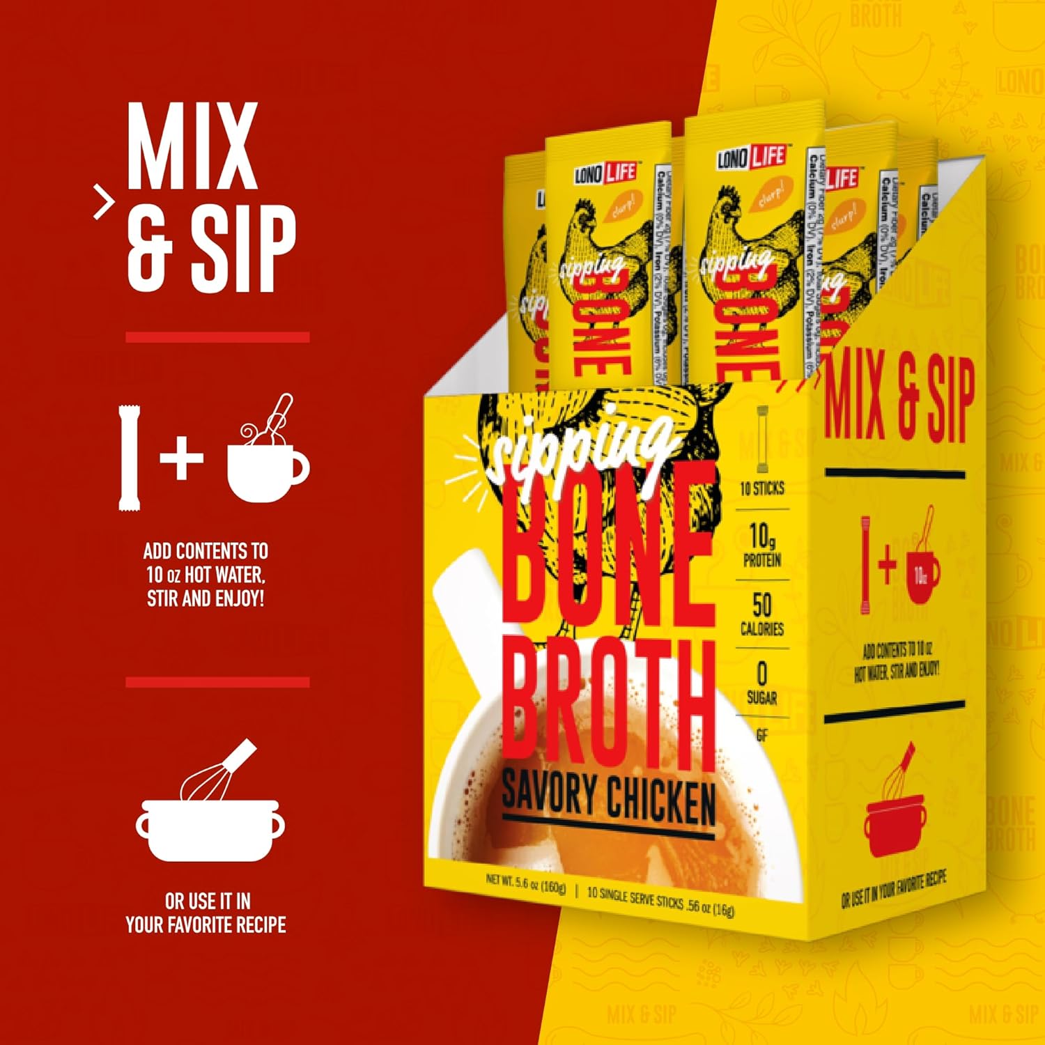 LonoLife Chicken Bone Broth Powder Mix | 10 Portable Stick Pack Servings