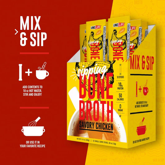 LonoLife Chicken Bone Broth Powder Mix | 10 Portable Stick Pack Servings