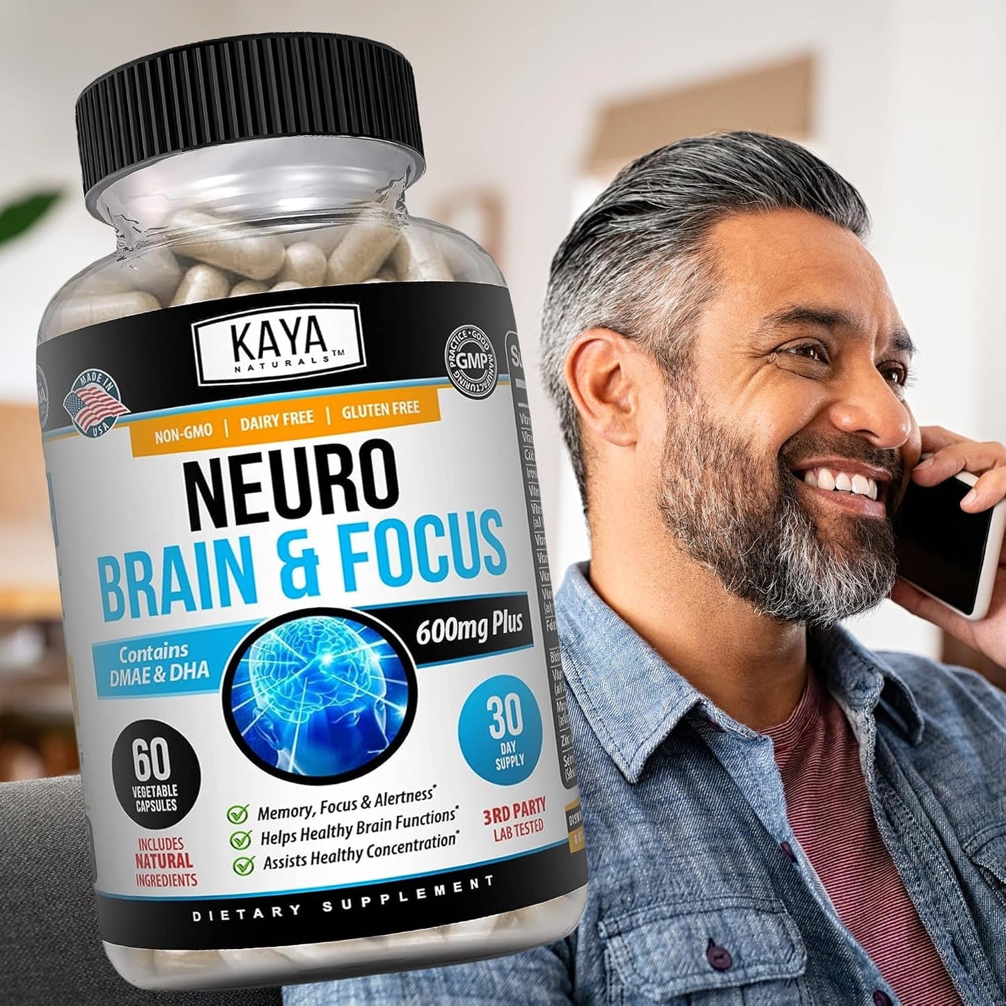 Kaya Naturals - Neuro Brain for Memory & Focus - Nootropic Brain Support Supplement - 60 Count