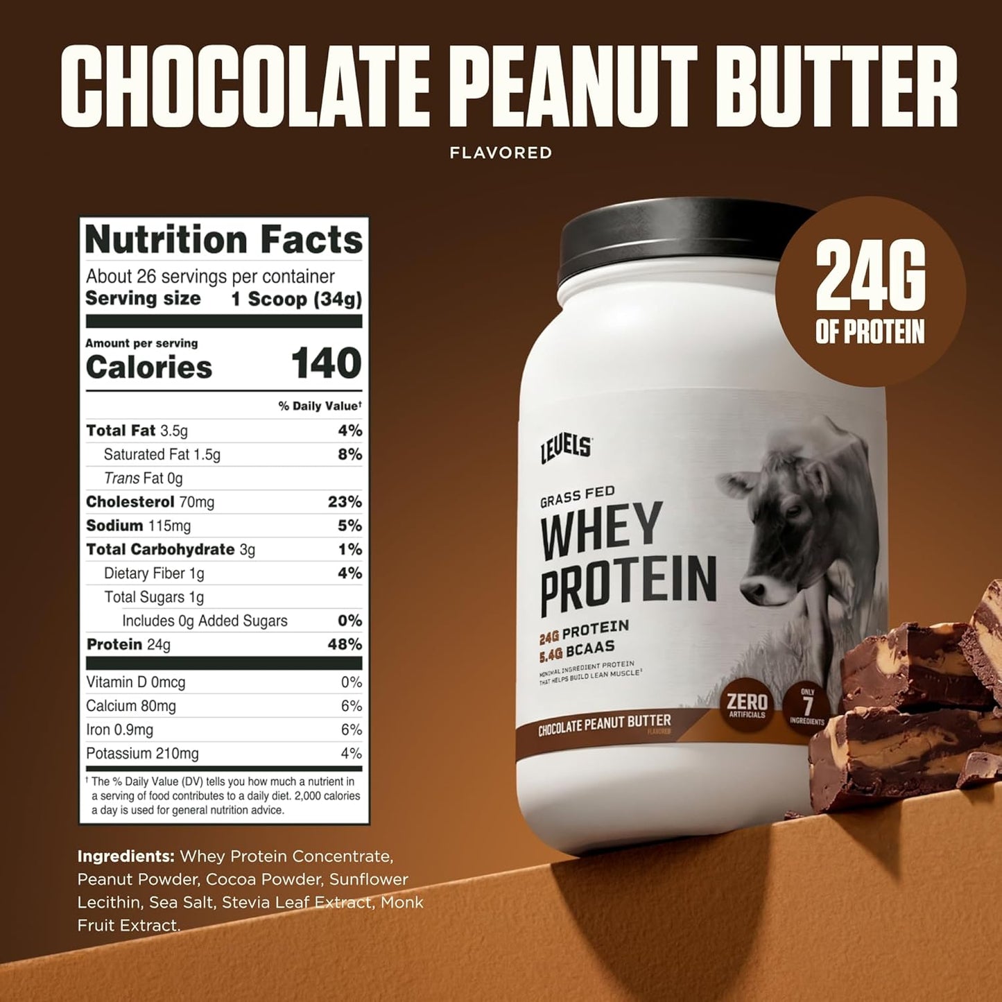 Levels Grass Fed Whey Protein Powder, No Artificials, 24G of Protein, 2LB