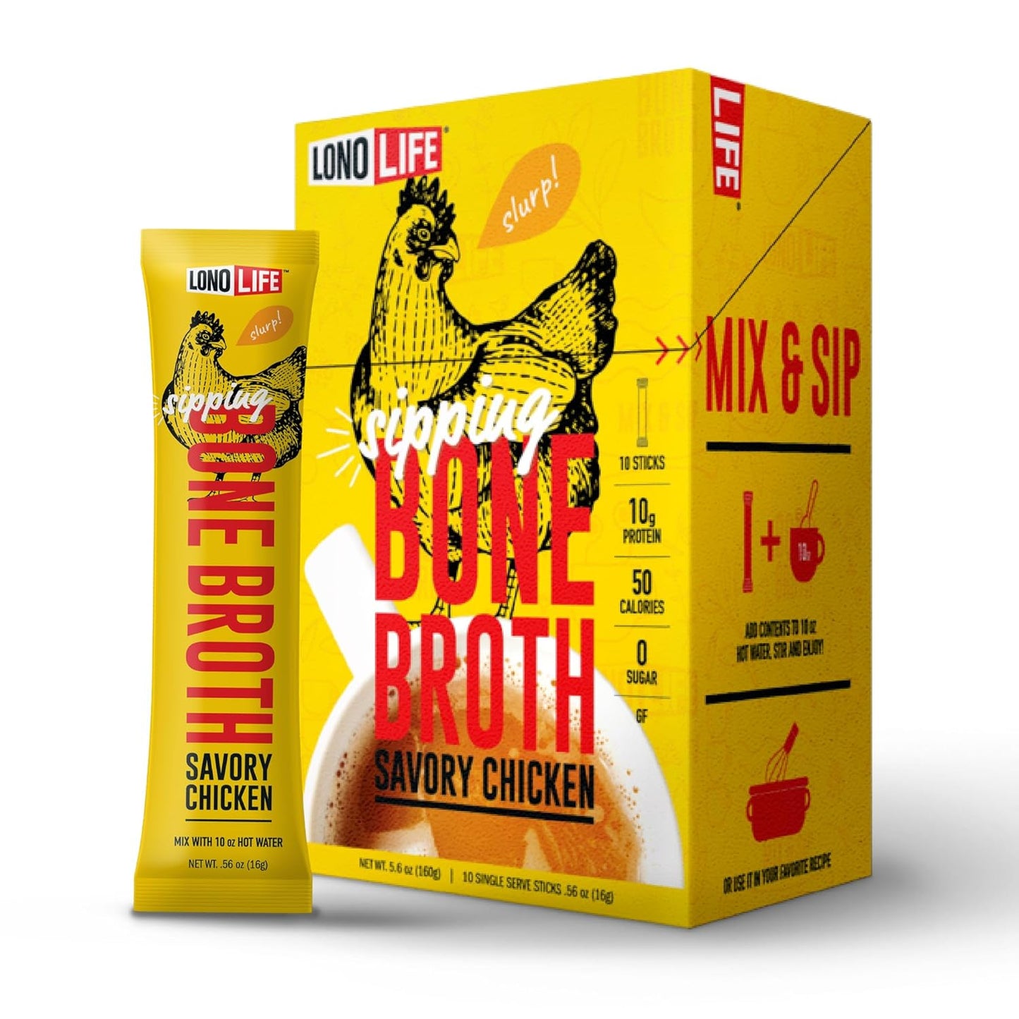 LonoLife Chicken Bone Broth Powder Mix | 10 Portable Stick Pack Servings