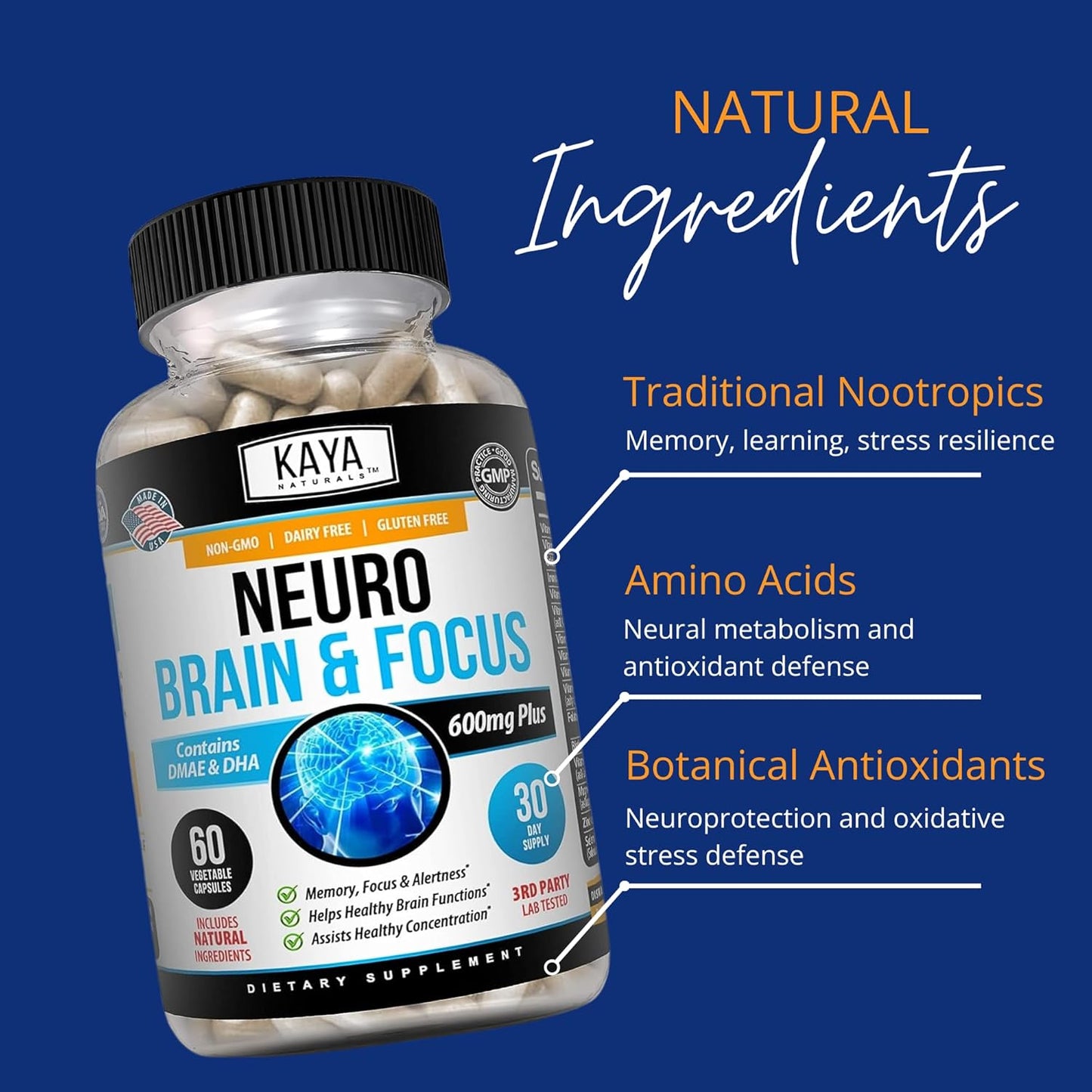 Kaya Naturals - Neuro Brain for Memory & Focus - Nootropic Brain Support Supplement - 60 Count
