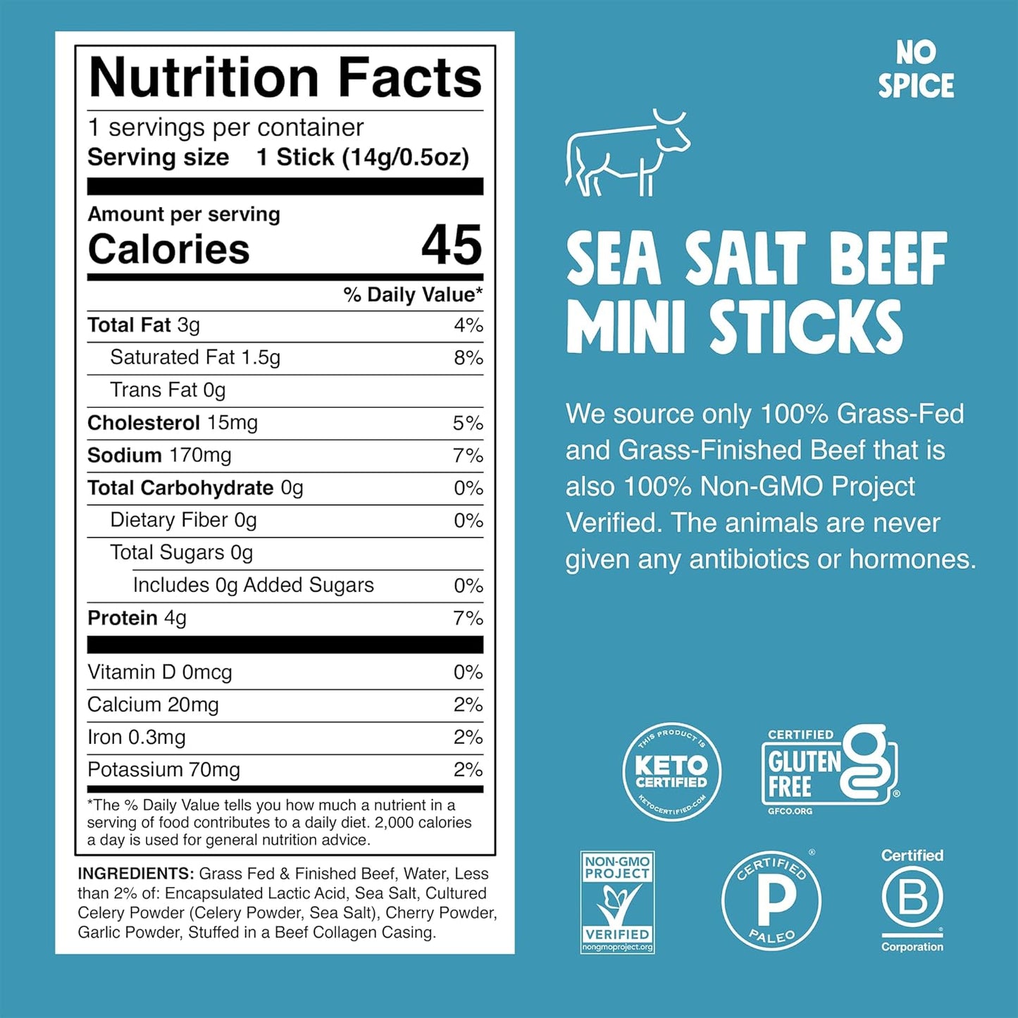Chomps Snack Size Grass-Fed and Finished Sea Salt Beef Jerky Snack Sticks 0.5oz 24-Pack