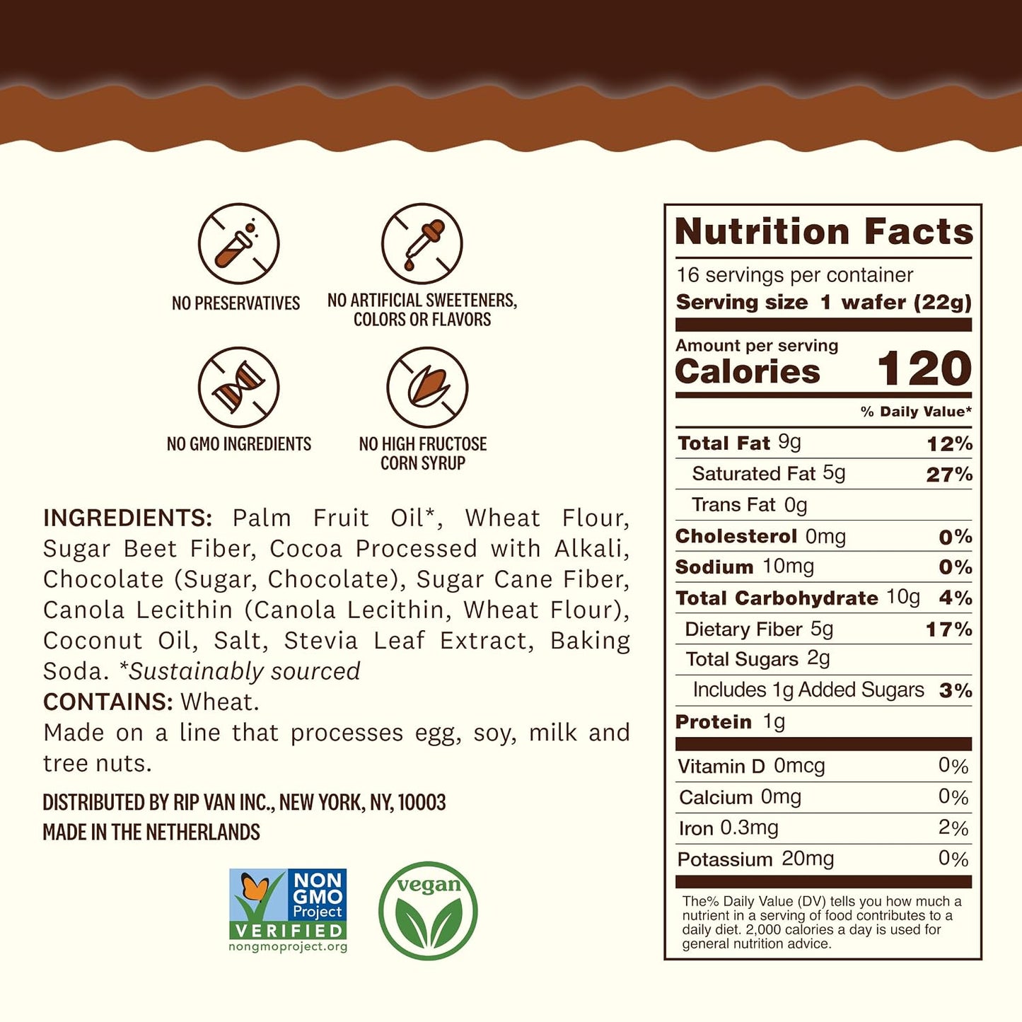 Rip Van Dark Chocolate Wafer Cookies - Non GMO Keto Cookies - 16 Count
