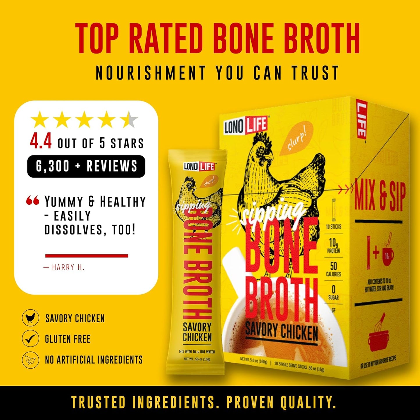 LonoLife Chicken Bone Broth Powder Mix | 10 Portable Stick Pack Servings