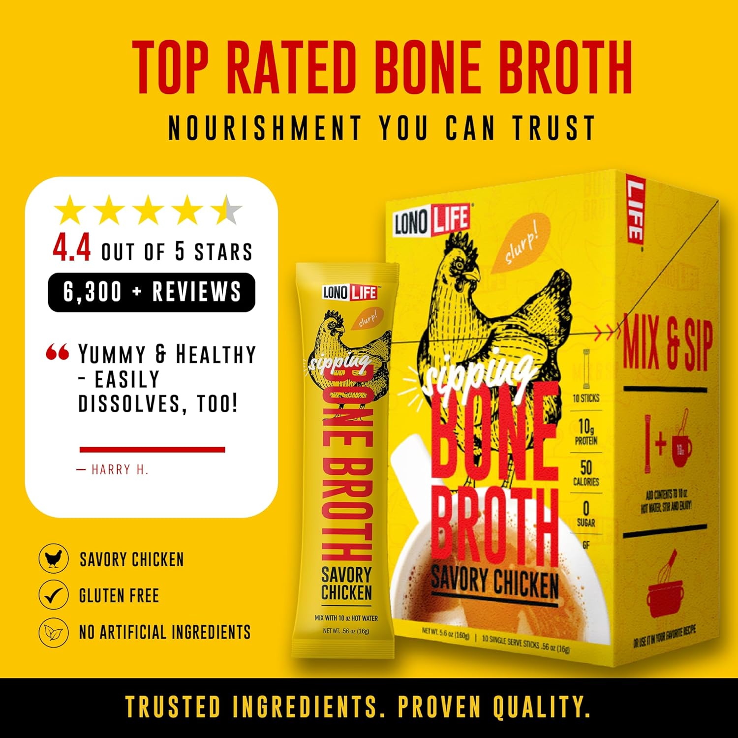 LonoLife Chicken Bone Broth Powder Mix | 10 Portable Stick Pack Servings