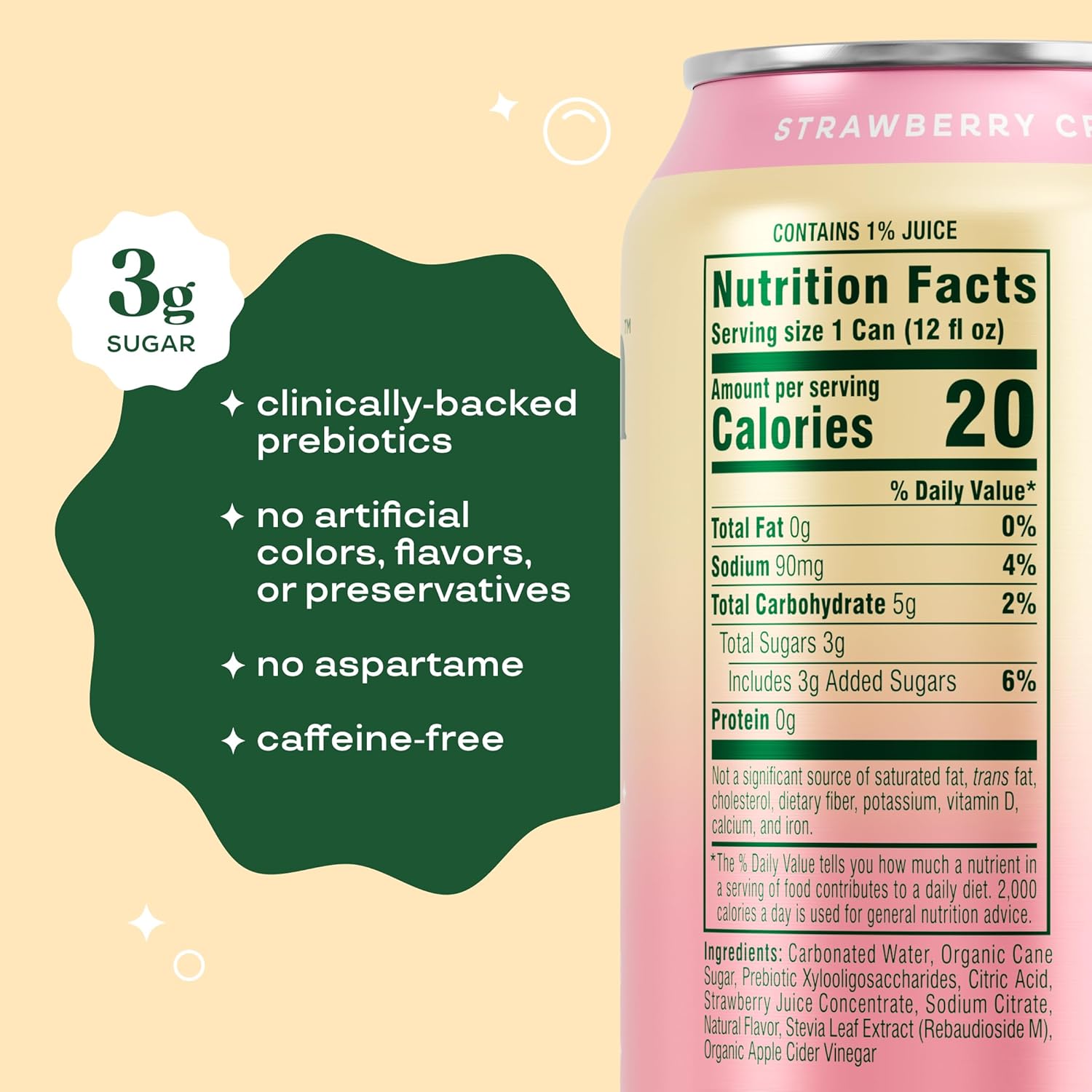 Bloom Pop Prebiotic Soda 12 Pack, Strawberry Cream Flavor, 12Oz Cans