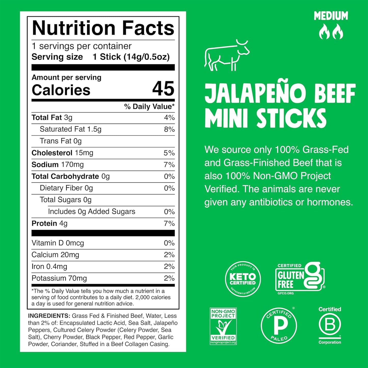 Chomps Snack Size Grass-Fed and Finished Jalapeño Beef Jerky Snack Sticks 0.5oz 24-Pack